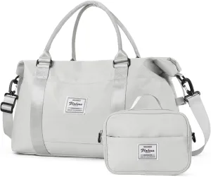 Travel Duffle Bag with toiletry bag，Weekender Bags for Women,Waterproof Carry on Bag Overnight Bag with Wet Pocket&Trolley Sleeve，Sports Tote Gym Bag，Light Grey