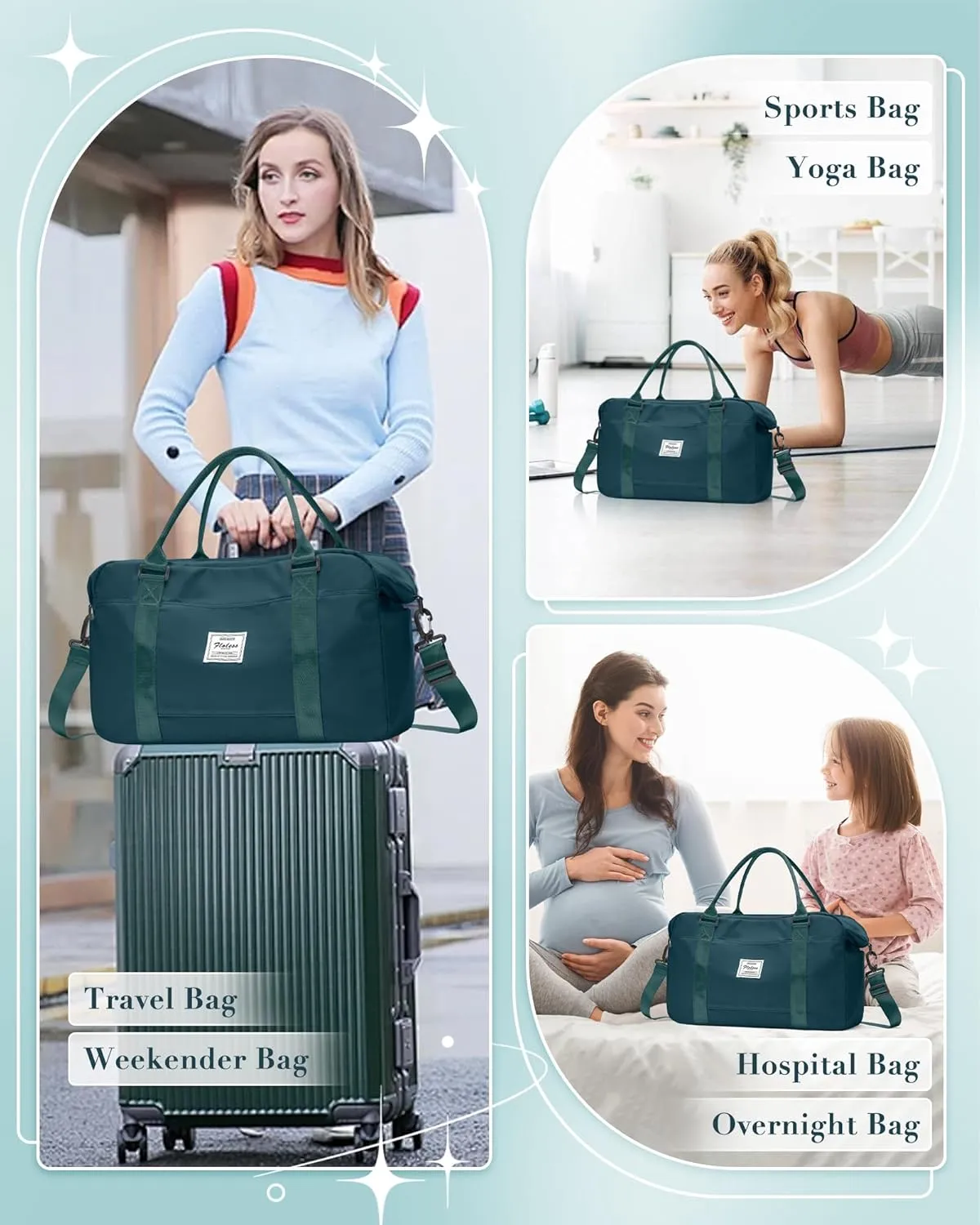 Travel Duffle Bag Women Sport Gym Bag Men Weekender Overnight Carry On Tote Bags with Laptop Compartment Luggage Bags with Trolley Sleeve Personal Item Travel Bags Hospital Holdalls Peacock Blue