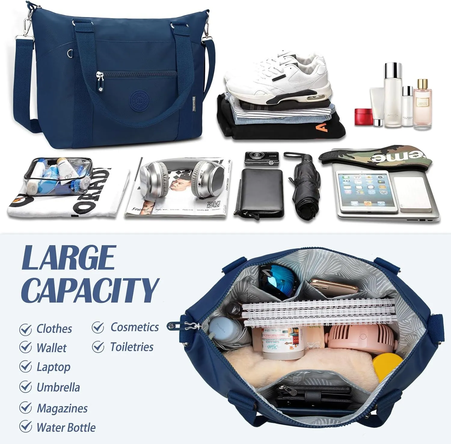 Travel Gym Duffel Bag for Women, Waterproof Nylon Weekender Overnight Bag Personal Item Carry on Bags for Airplanes Hospital Sports Fitness Dance Mommy Tote