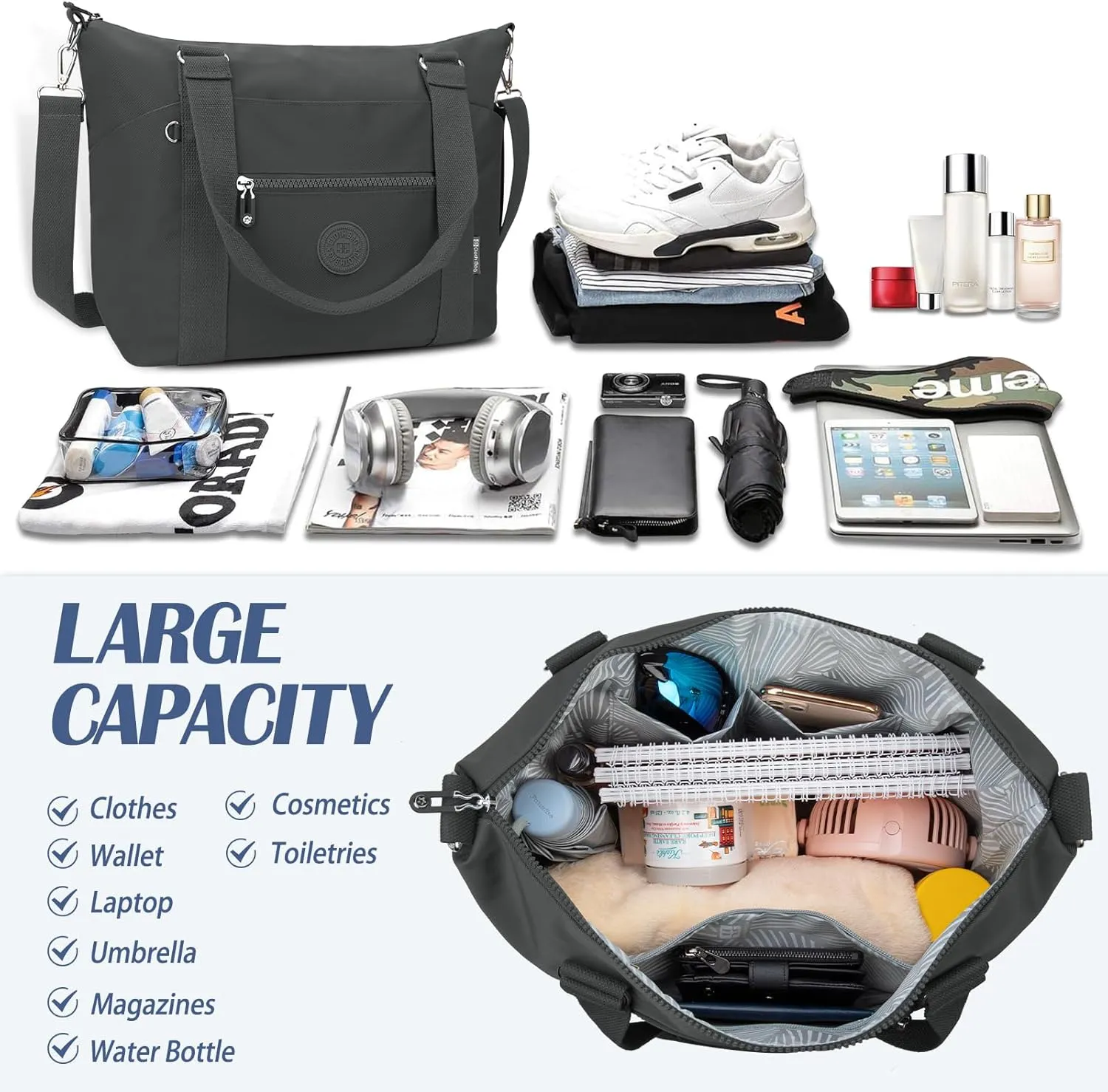 Travel Gym Duffel Bag for Women, Waterproof Nylon Weekender Overnight Bag Personal Item Carry on Bags for Airplanes Hospital Sports Fitness Dance Mommy Tote