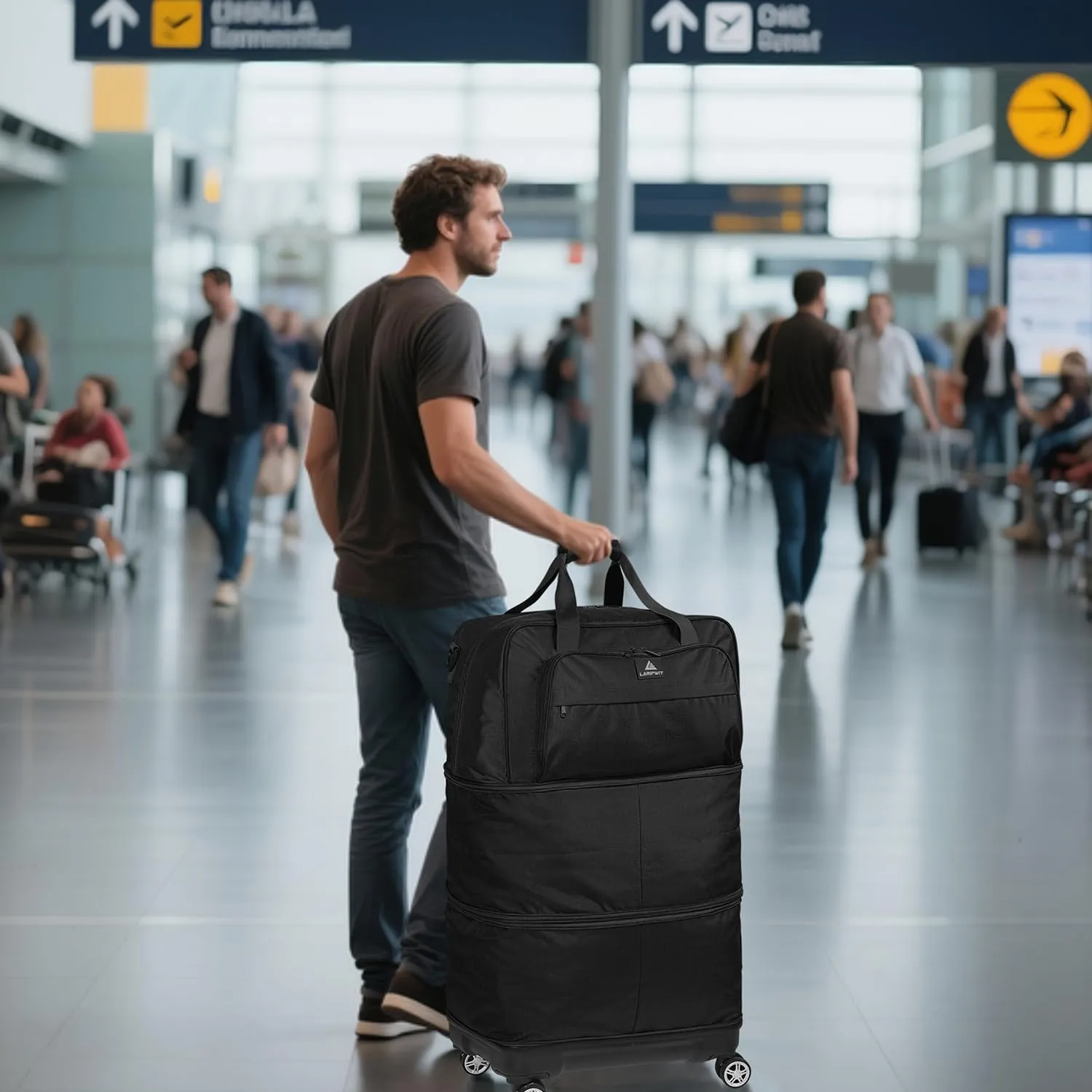 Travel Luggage Bags with Brake Spinner Wheels for Men 115L Collapsible Extra Large Travel Rolling Suitcase Lightweight Foldable Duffle Bag Expandable Soft Suitcase for Women and Not Fall Over, Black
