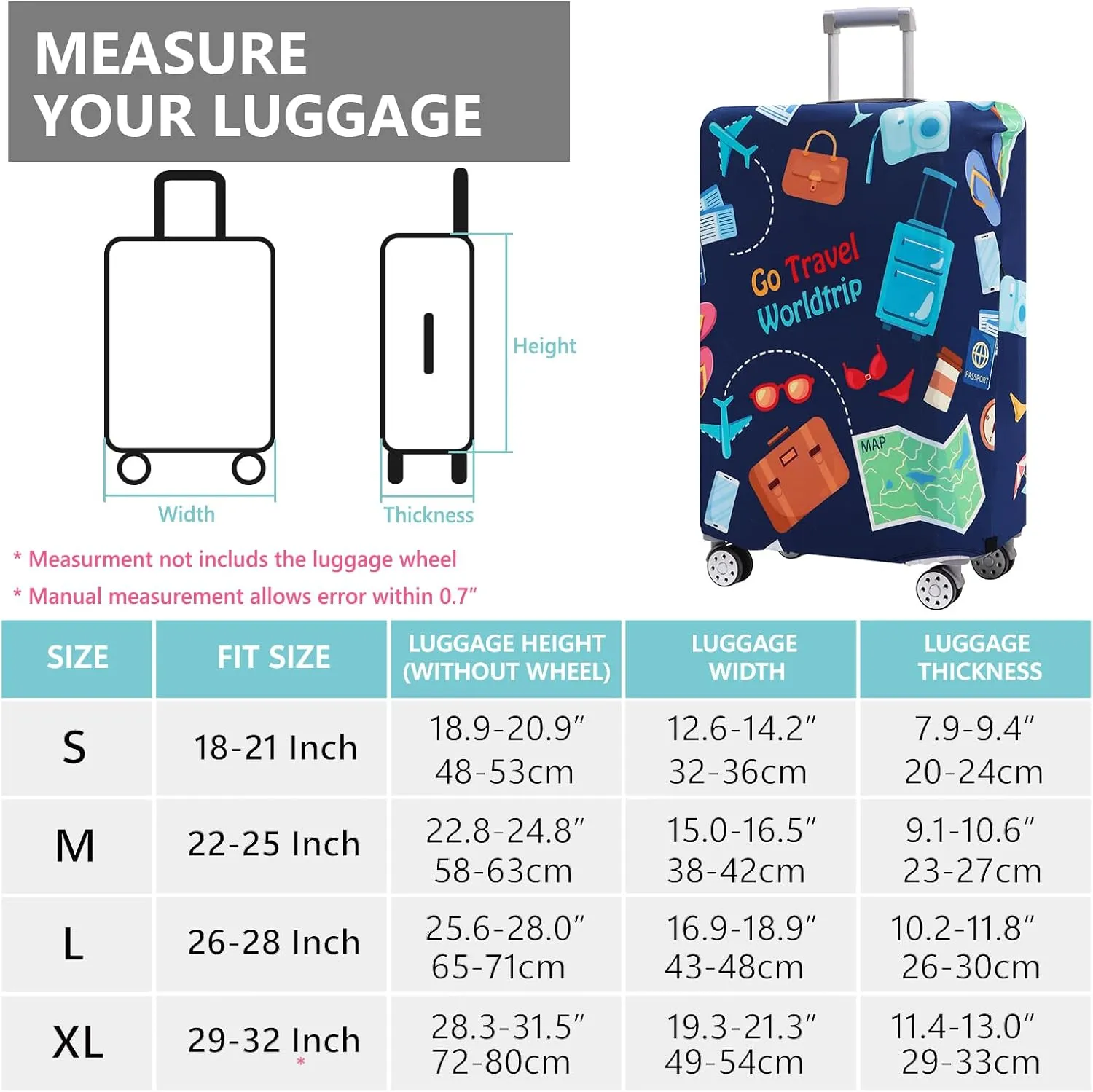 TRAVELKIN Luggage Cover Washable Suitcase Protector Anti-scratch Suitcase cover Fits 18-32 Inch Luggage (Go travel-Trip, L)