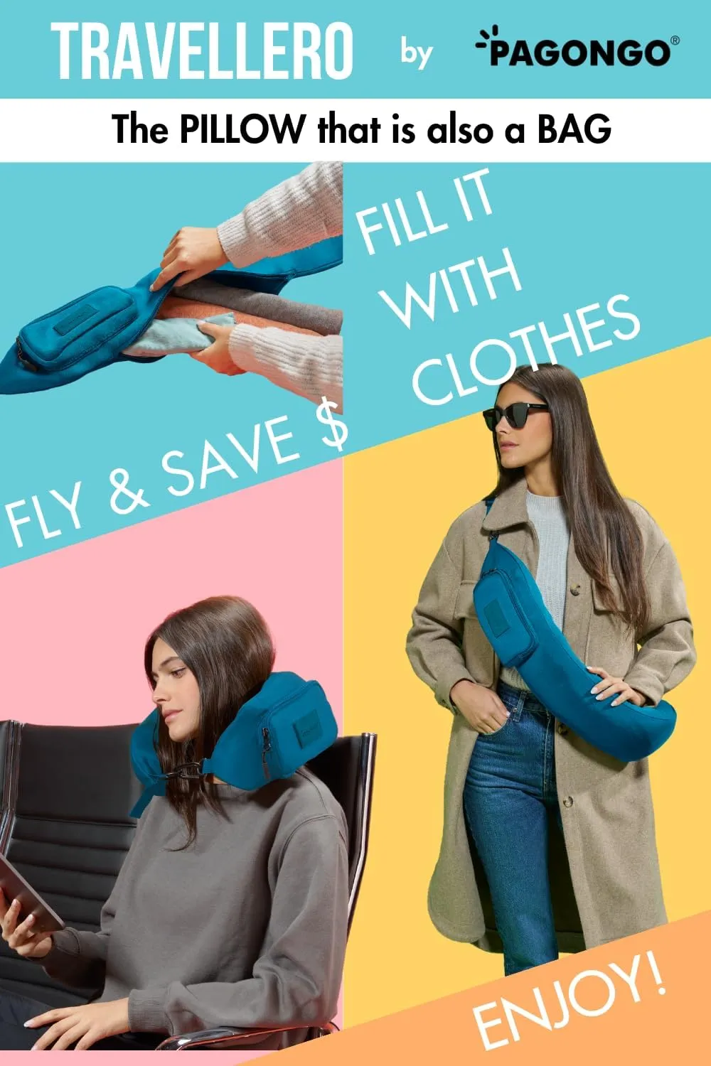 TRAVELLERO Stuffable Neck Pillow for Travel, Secret Pillow, Fits 5 Days Essentials, Neck Pillow Case, Pillow Travel Bag, Packable Pillow, Stuffable Travel Pillow, Neck Pillow Cover, Teal Blue