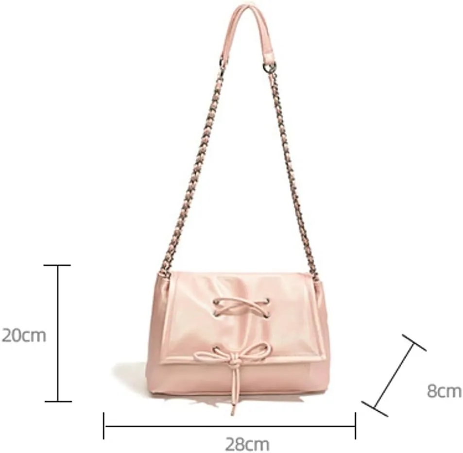 Trendy Shoulder Bag with Bow Knot Small Drawstring Cross Body Bag with Metal Chain Strap Versatile Casual Underarm Bags