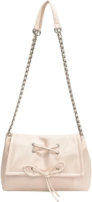 Trendy Shoulder Bag with Bow Knot Small Drawstring Cross Body Bag with Metal Chain Strap Versatile Casual Underarm Bags