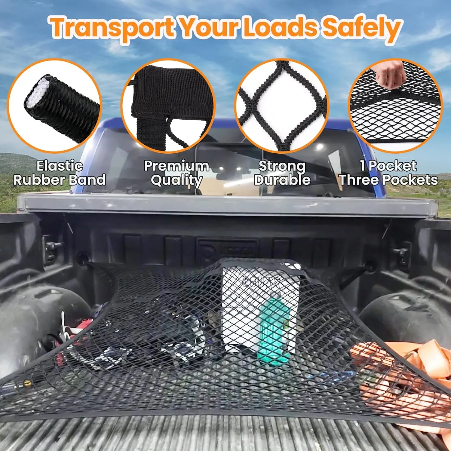 Truck Bed Net, Double-Layer Elastic Cargo Net Stretchable Mesh Organizer for Pickup, Suitable for Daily Light Loads of Trucks, Up to 2X Elastic from 4'x4’ Stretches to 7‘x 7’