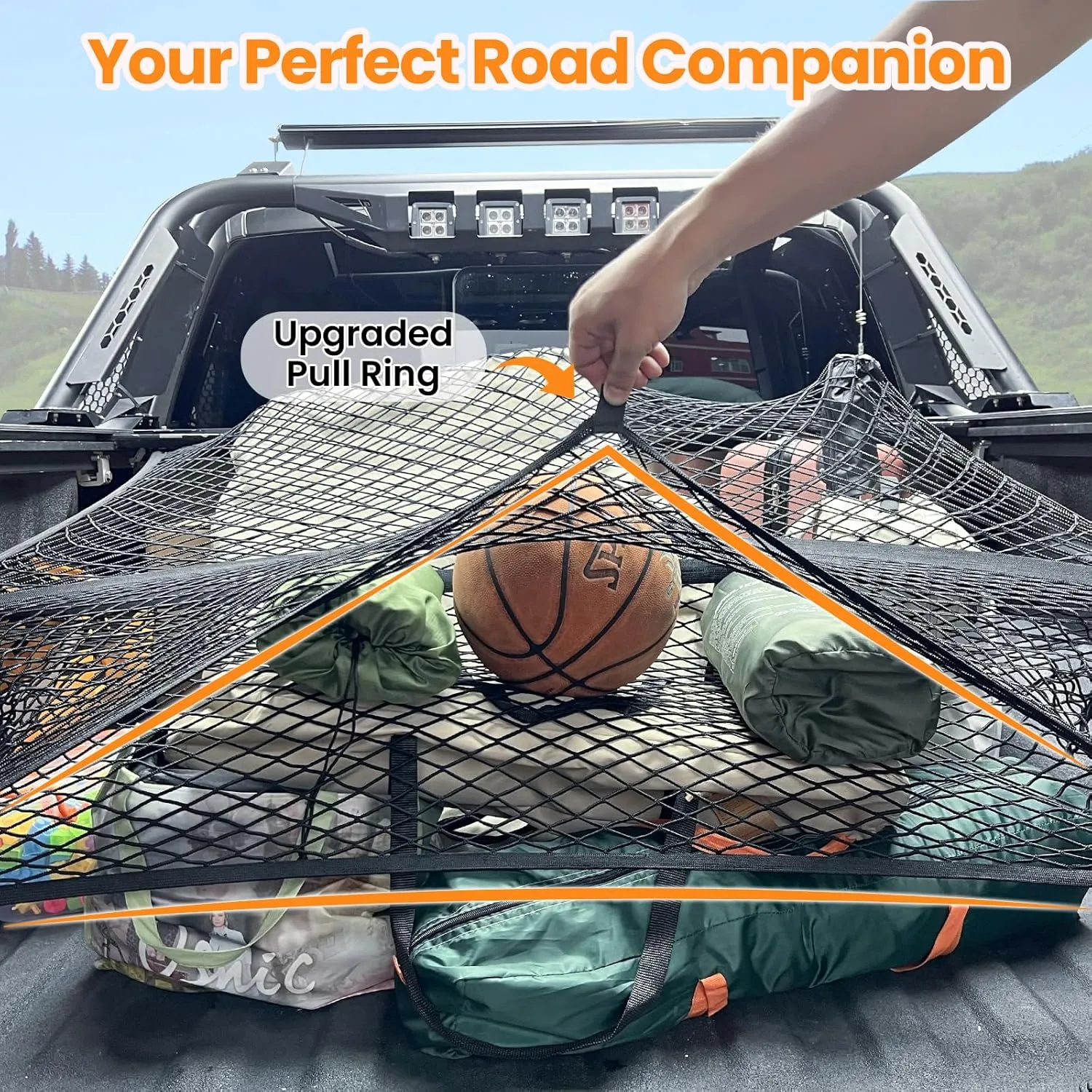 Truck Bed Net, Double-Layer Elastic Cargo Net Stretchable Mesh Organizer for Pickup, Suitable for Daily Light Loads of Trucks, Up to 2X Elastic from 4'x4’ Stretches to 7‘x 7’