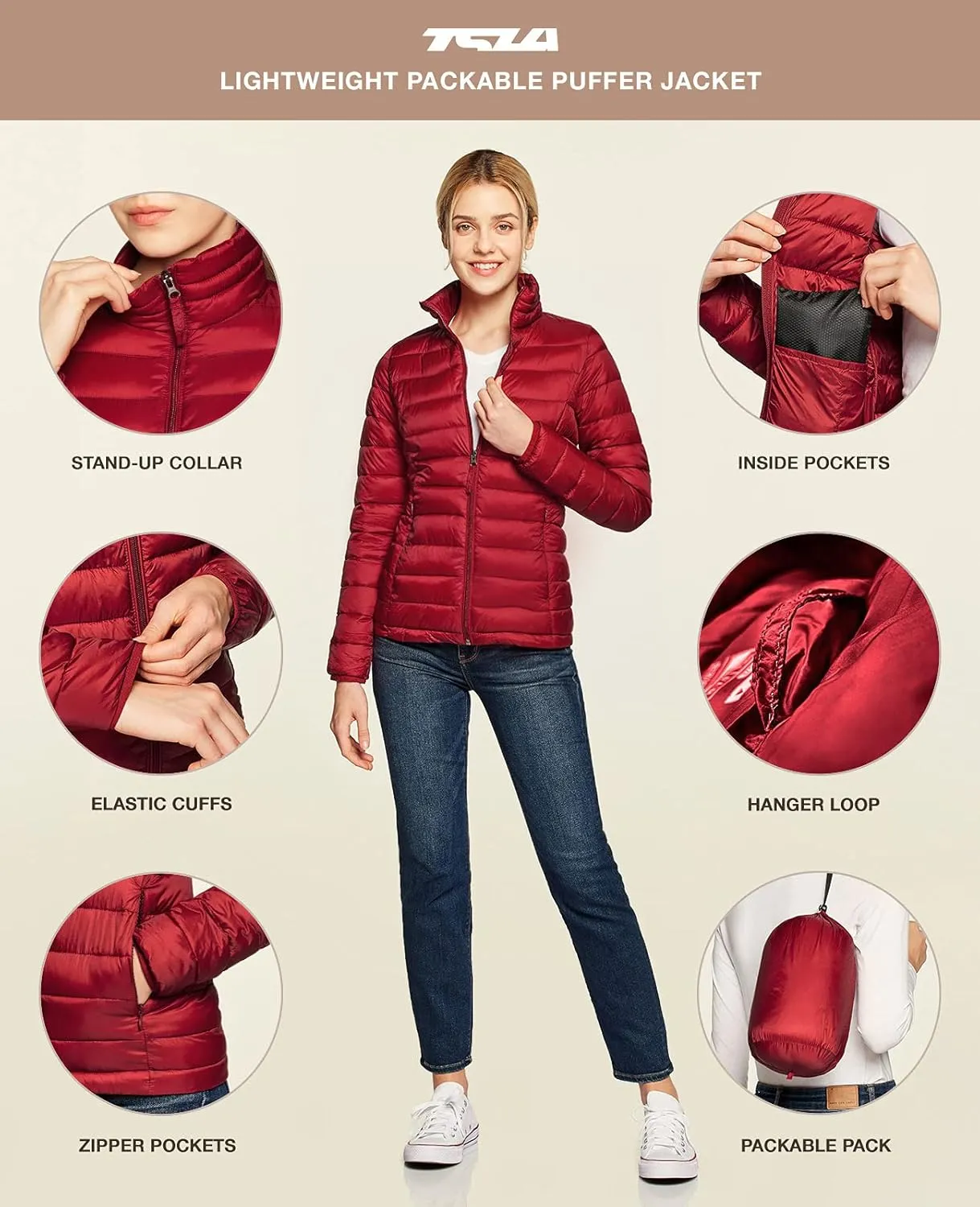 TSLA Women's Lightweight Packable Accent Puffer Jacket, Water-Resistant Winter Coat