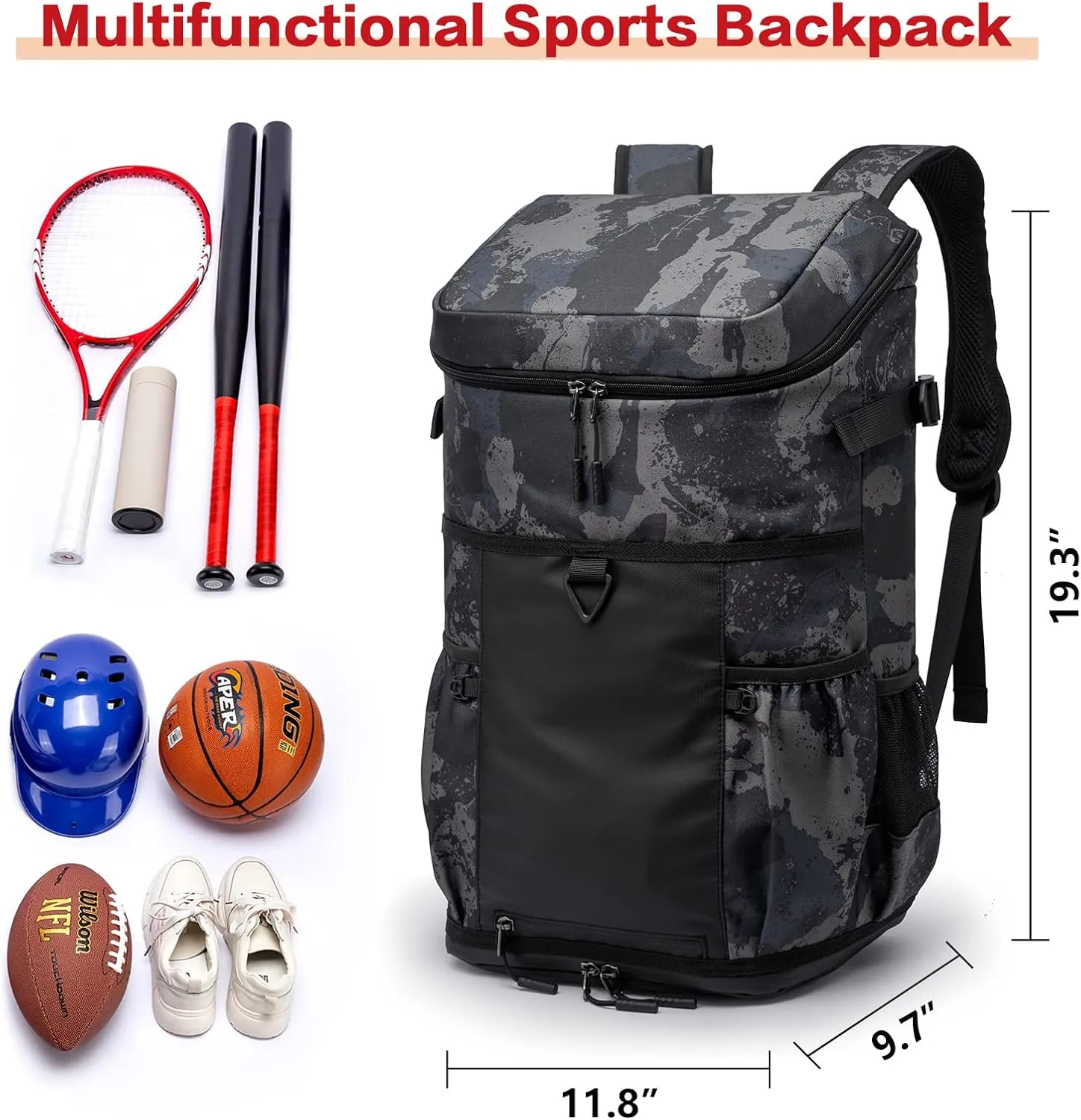 TUGUAN Baseball Backpack Equipment Bag for Adult with 2/4 Bat Holder & Fence Hook Lightweight Mens Softball Bag with Shoes Compartment Coaches Catchers Team Baseball Gear Bags Youth Boys