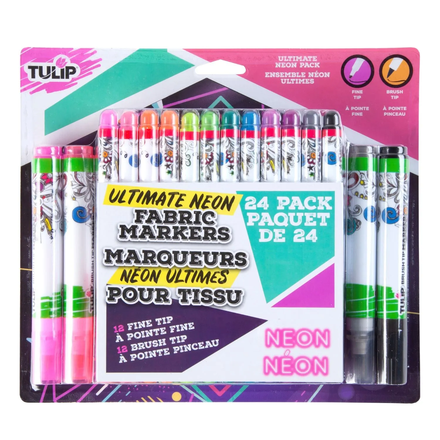 Tulip Fine Tip & Brush Tip Fabric Markers Ultimate Neon 24 Pack