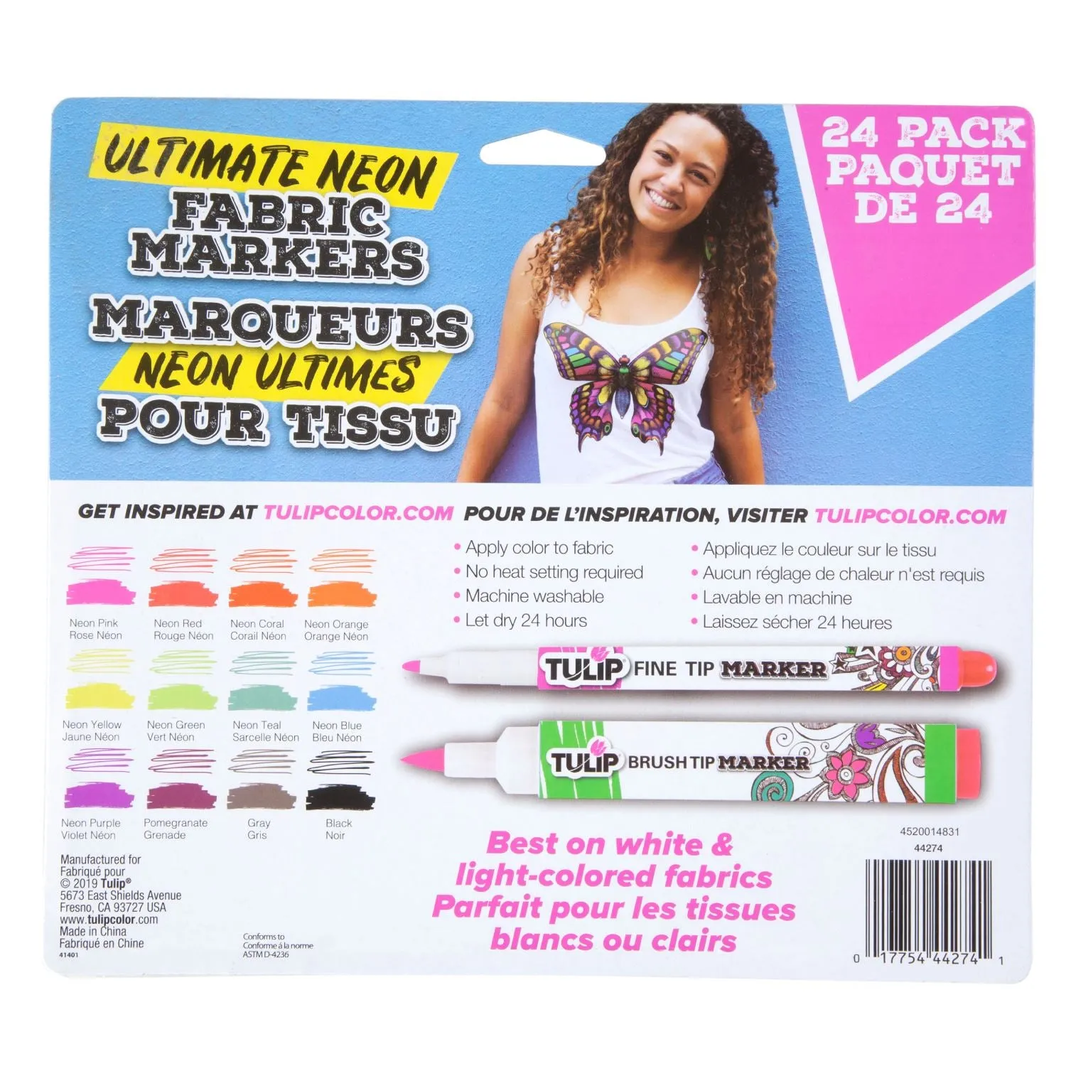 Tulip Fine Tip & Brush Tip Fabric Markers Ultimate Neon 24 Pack