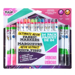 Tulip Fine Tip & Brush Tip Fabric Markers Ultimate Neon 24 Pack