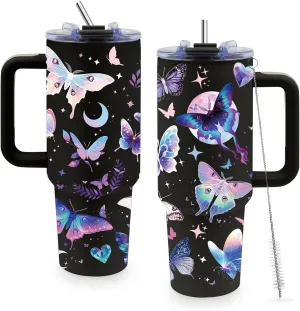 Tumbler Gifts for Women, 40oz Butterfly Tumbler with Handle and Straw, Insulated Stainless Steel Travel Mug, Holiday, Birthday Gifts for Women, Friends, Daughter, Mom