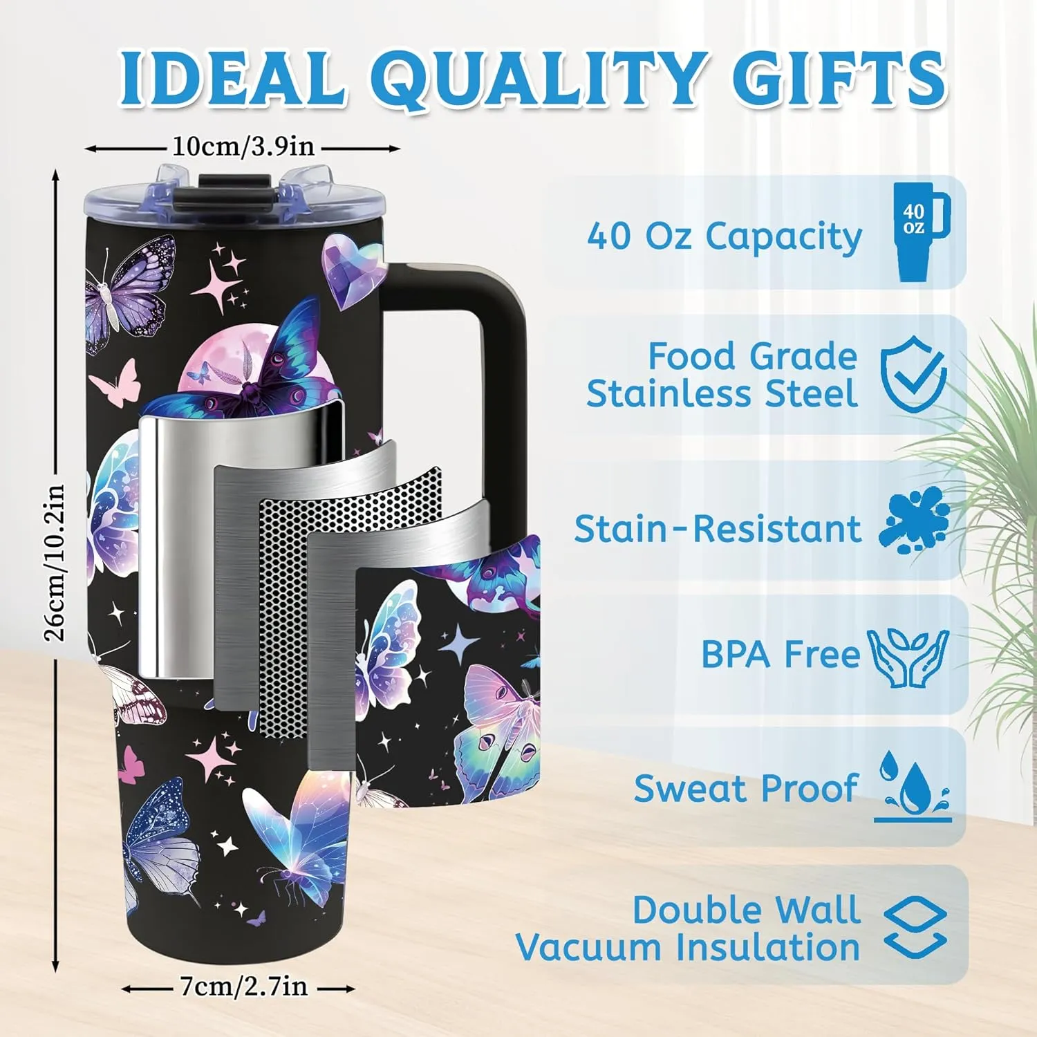 Tumbler Gifts for Women, 40oz Butterfly Tumbler with Handle and Straw, Insulated Stainless Steel Travel Mug, Holiday, Birthday Gifts for Women, Friends, Daughter, Mom