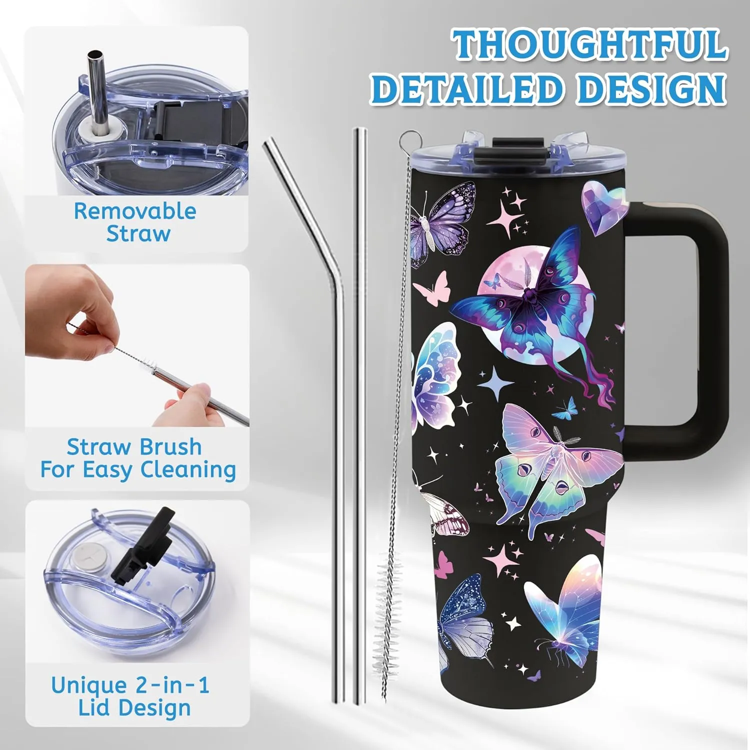 Tumbler Gifts for Women, 40oz Butterfly Tumbler with Handle and Straw, Insulated Stainless Steel Travel Mug, Holiday, Birthday Gifts for Women, Friends, Daughter, Mom