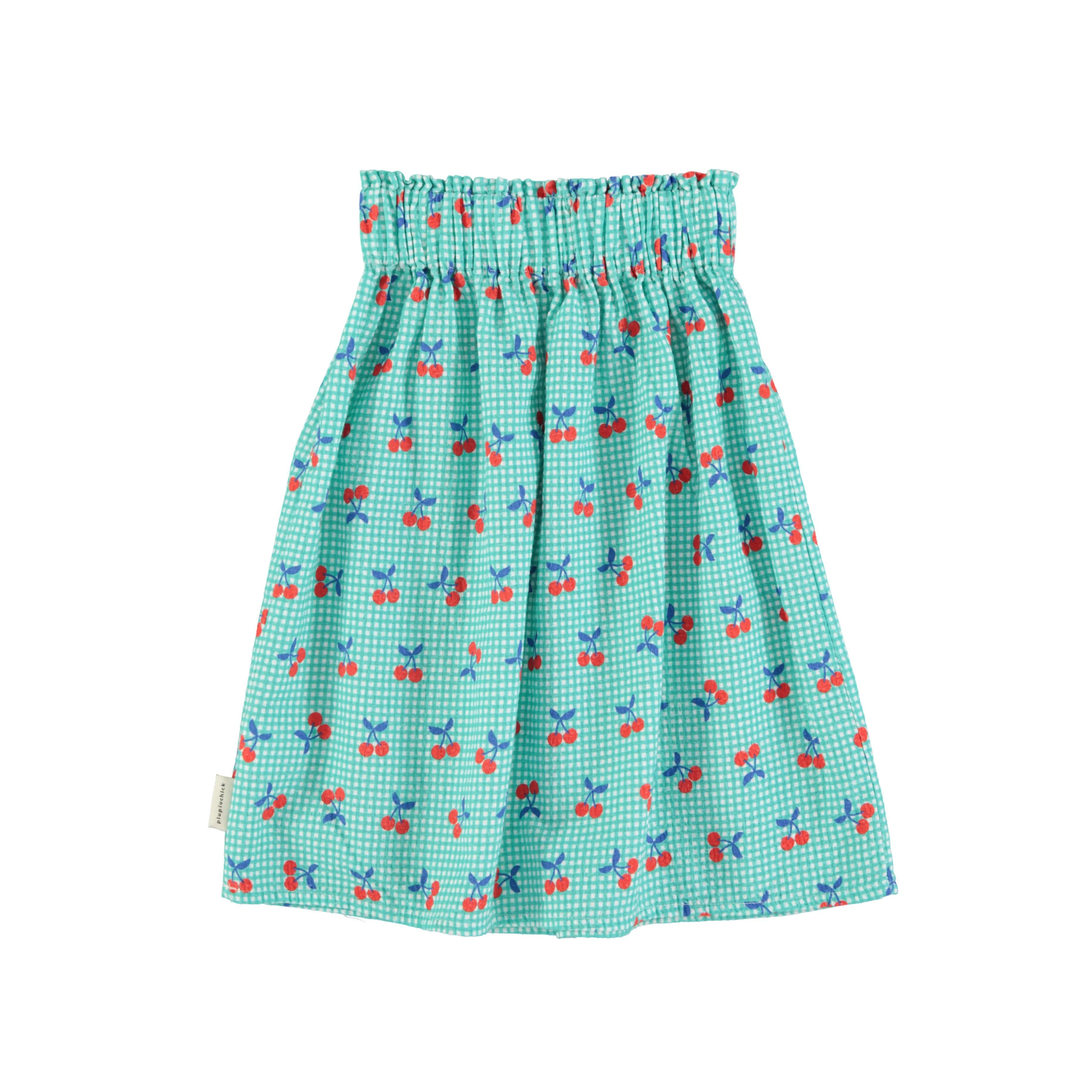 Turquoise & White Check Cherry Long Skirt