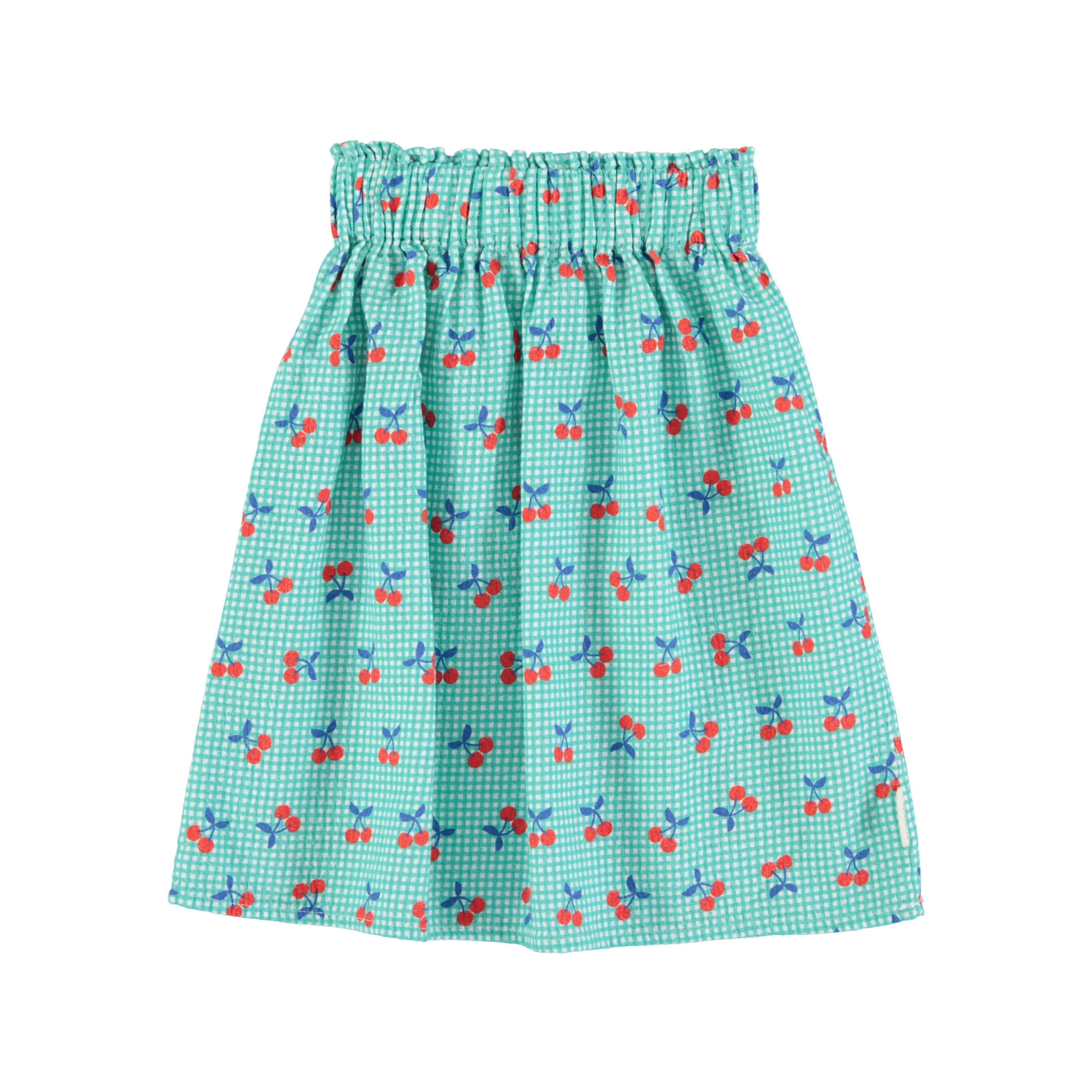 Turquoise & White Check Cherry Long Skirt