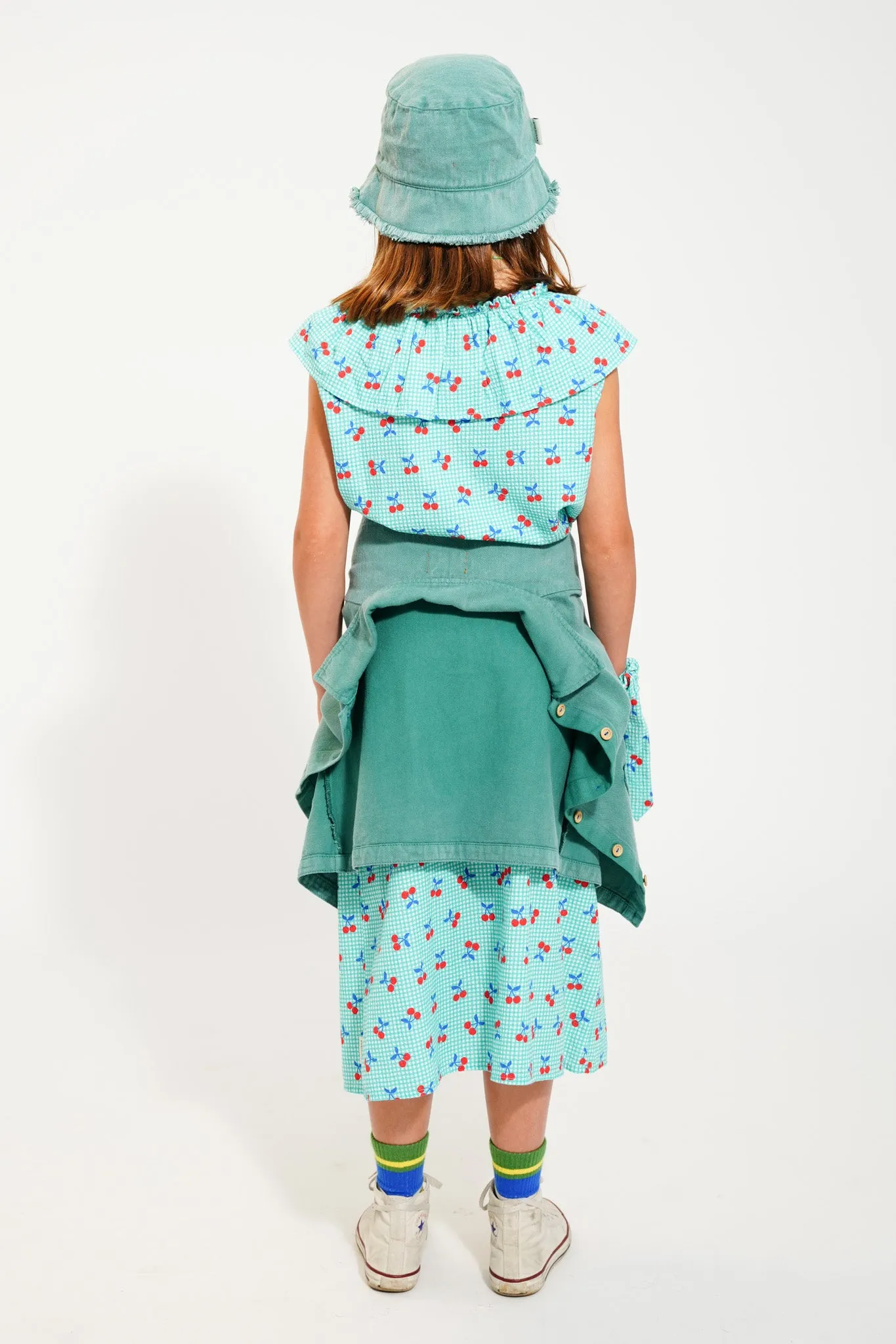 Turquoise & White Check Cherry Long Skirt