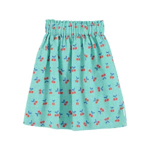 Turquoise & White Check Cherry Long Skirt