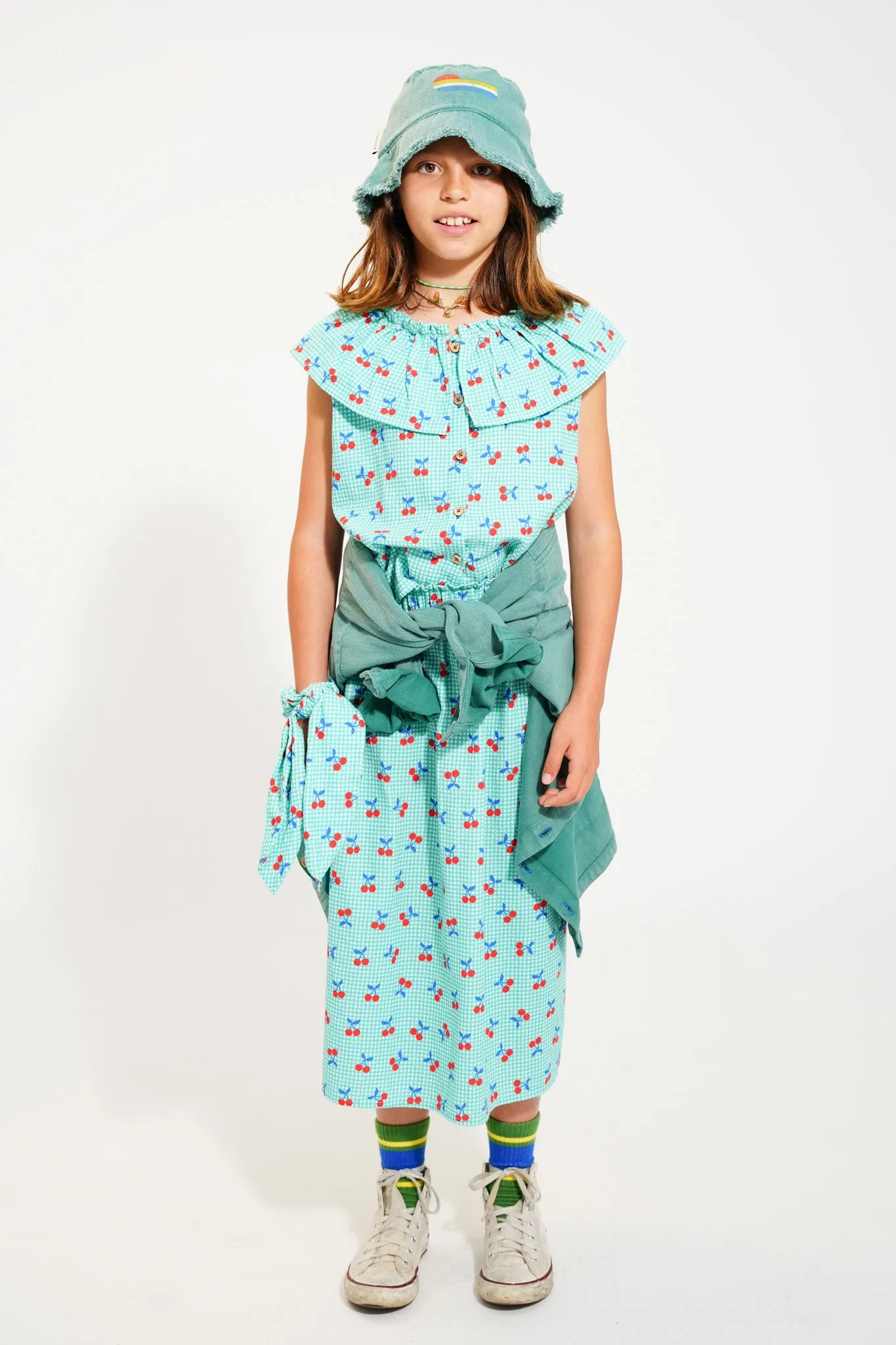 Turquoise & White Check Cherry Long Skirt