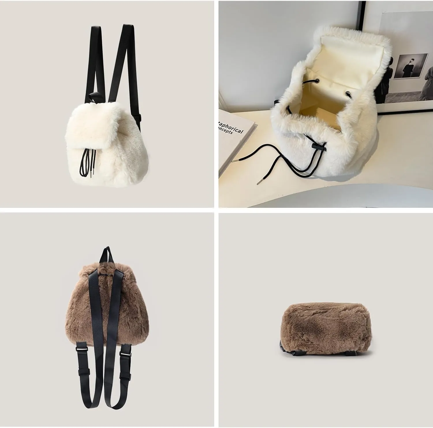 Ulisty Women Small Faux Rabbit Fur Backpack Furry Drawstring Daypack Plush Shoulder Bag