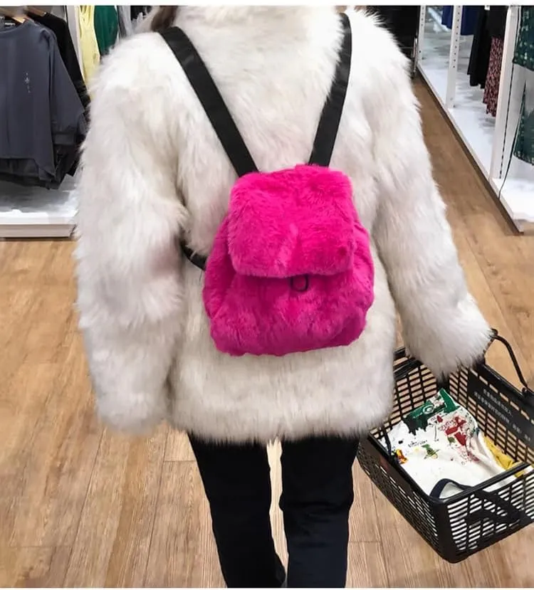 Ulisty Women Small Faux Rabbit Fur Backpack Furry Drawstring Daypack Plush Shoulder Bag
