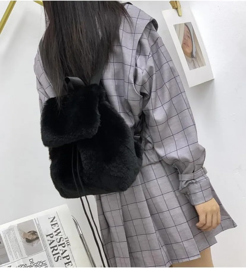 Ulisty Women Small Faux Rabbit Fur Backpack Furry Drawstring Daypack Plush Shoulder Bag