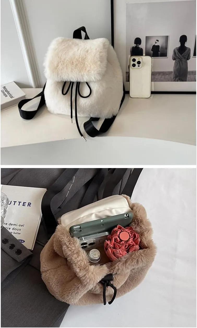 Ulisty Women Small Faux Rabbit Fur Backpack Furry Drawstring Daypack Plush Shoulder Bag