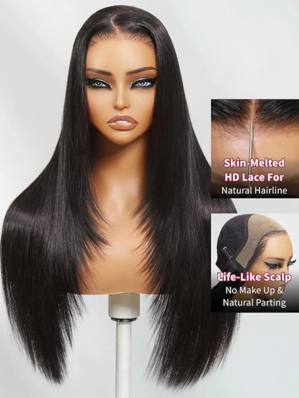 UNICE HD Real Scalp Wig 13x4 HD Lace Front Wigs Human Hair Black Layered Straight Glueless Frontal Wig Pre Plucked Pre Cut Bleached Knots Natural Hairline 180% Density 22 inch