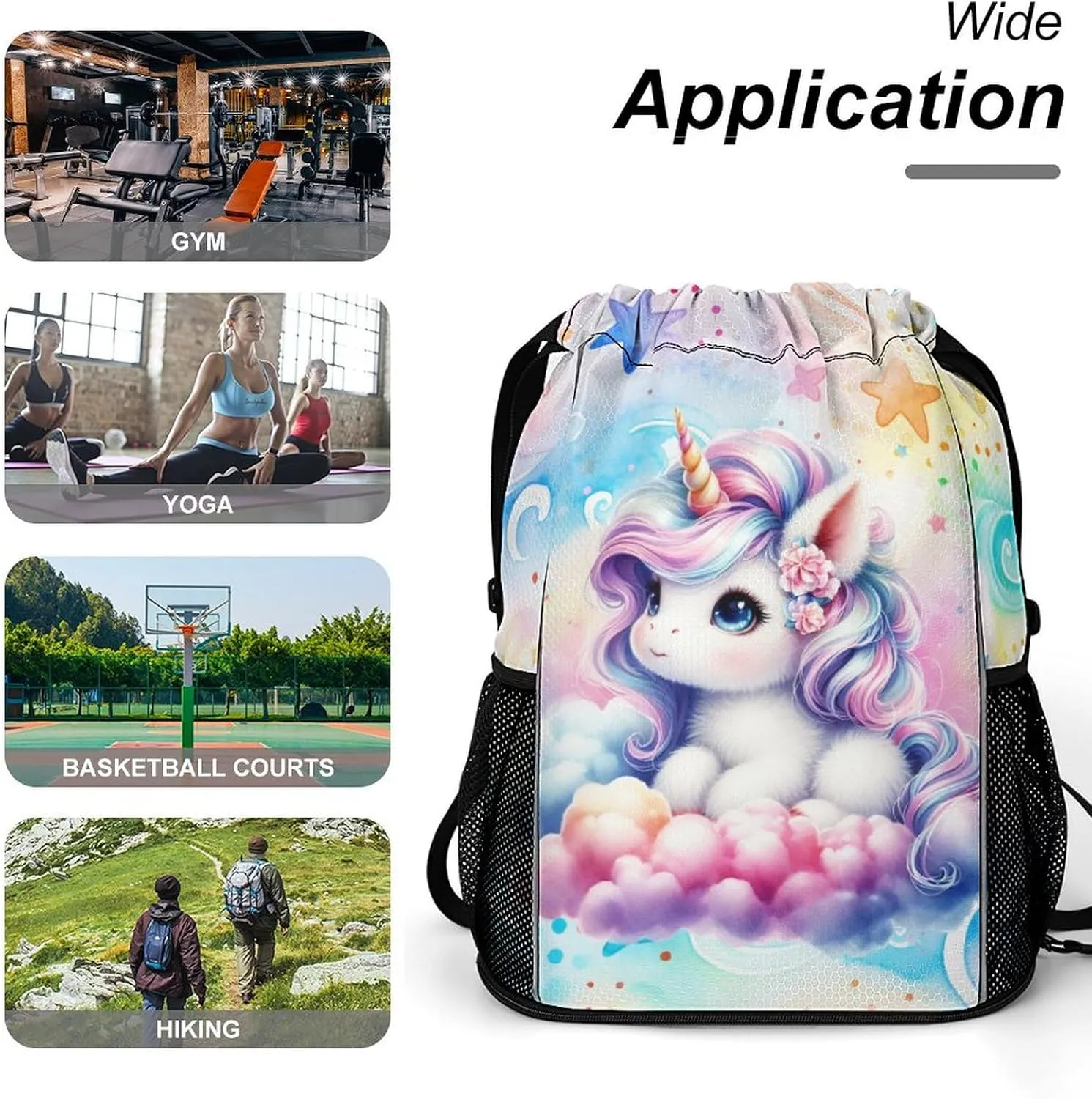 Unicorn Drawstring Backpack - Cute Cinch Sack, String Backpacks with Pocket for Kids Women Men Boys Girls for Gym Outdoor Sports Travel Athletic Drawstring Bag - Lightweight/Foldable