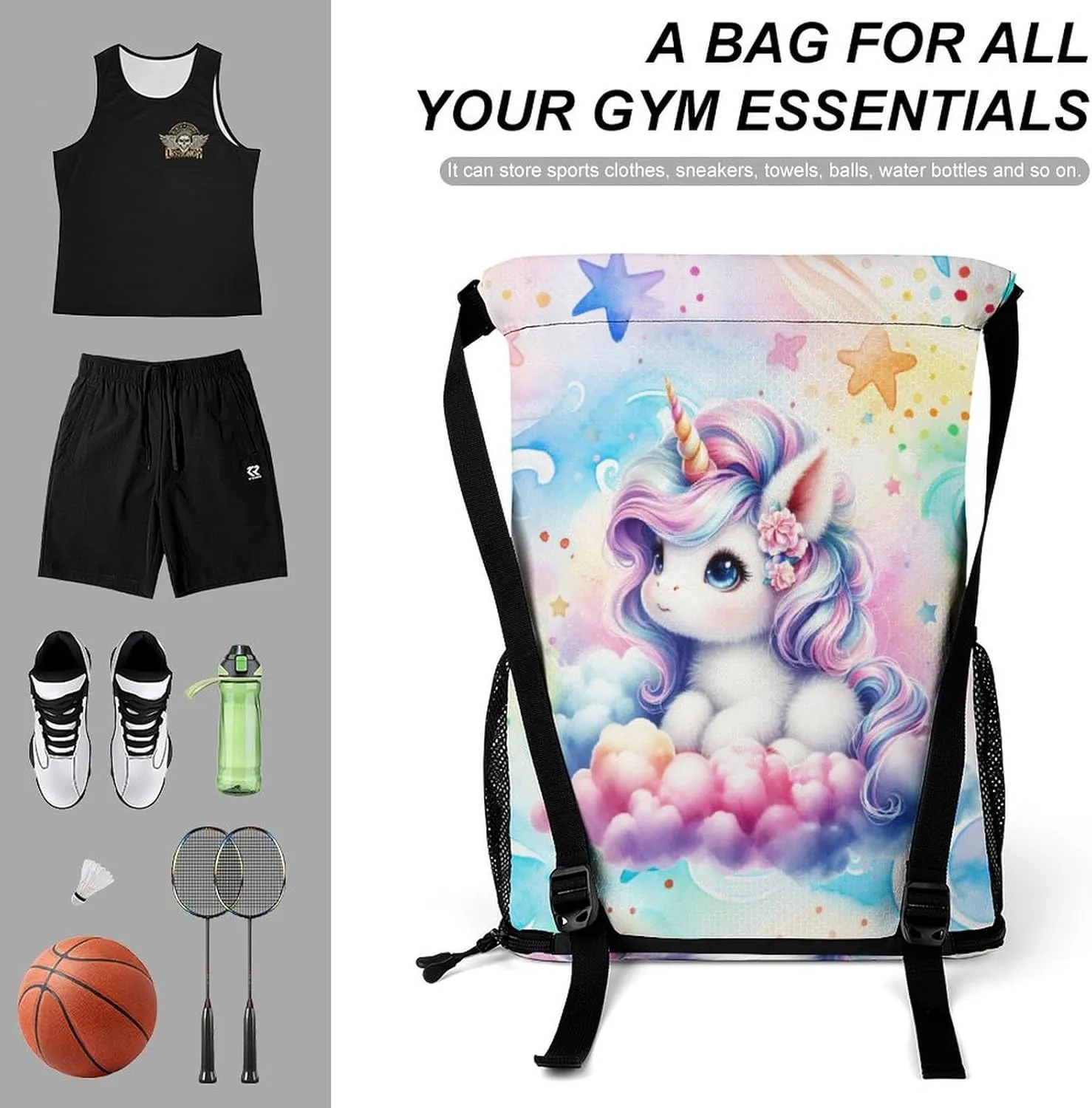 Unicorn Drawstring Backpack - Cute Cinch Sack, String Backpacks with Pocket for Kids Women Men Boys Girls for Gym Outdoor Sports Travel Athletic Drawstring Bag - Lightweight/Foldable