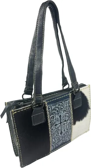 Urbalabs Western Genuine CowHair Tooled Crosses Leather Purse Handbag Tote Bag for Women with Zipper Hand Stitched