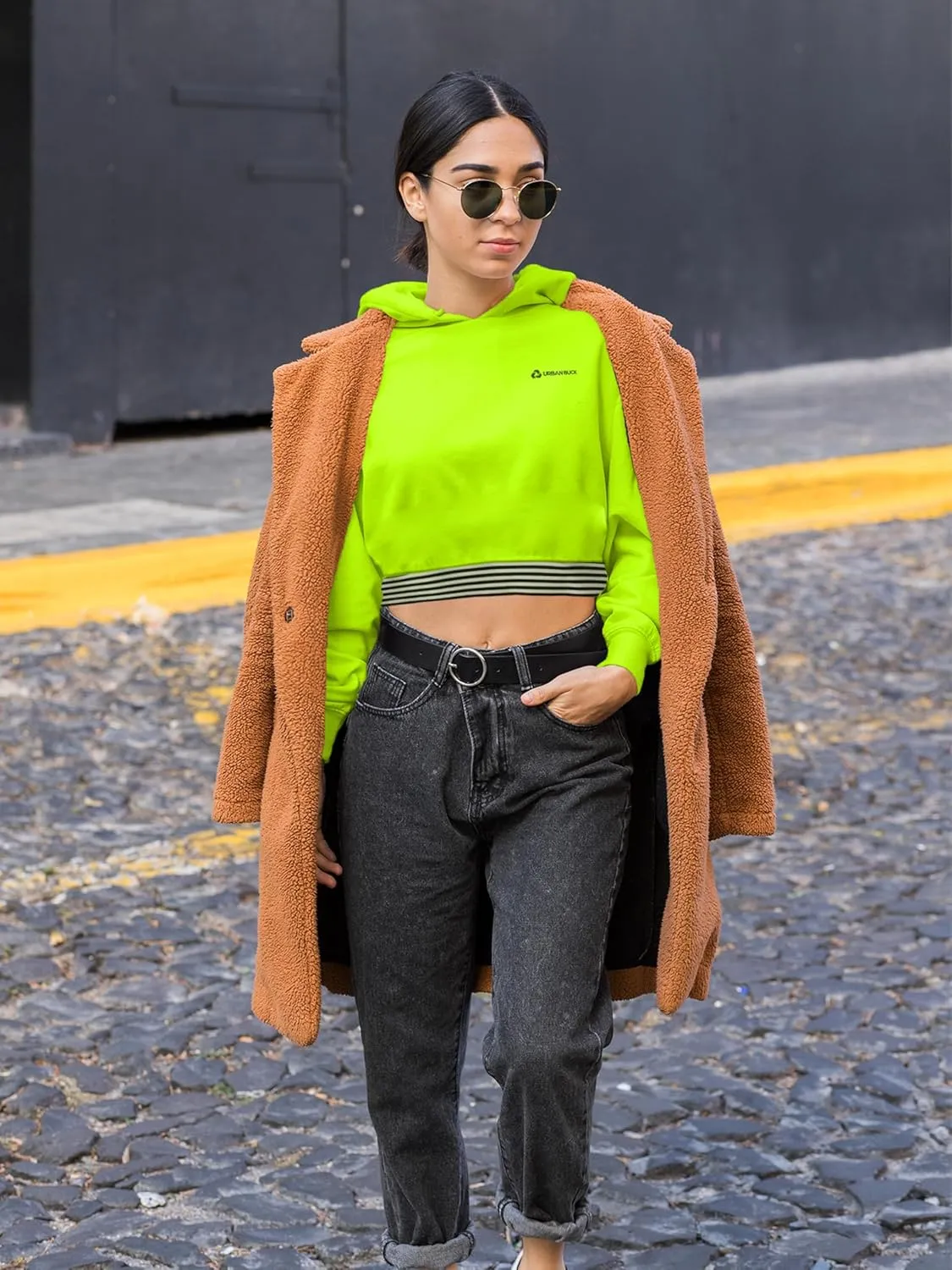 URBAN BUCK Neon Crop Top Hoodie For Women - Lightweight Long Sleeve Cropped Pullover Sweatshirt For Workout & Running