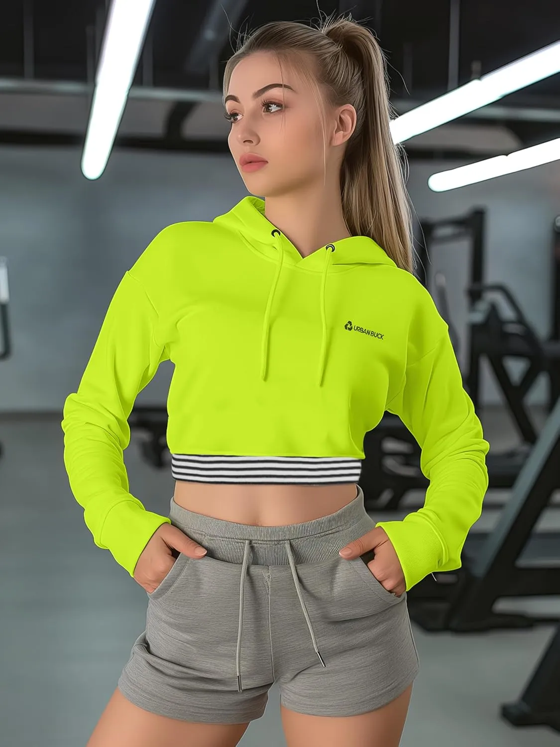 URBAN BUCK Neon Crop Top Hoodie For Women - Lightweight Long Sleeve Cropped Pullover Sweatshirt For Workout & Running