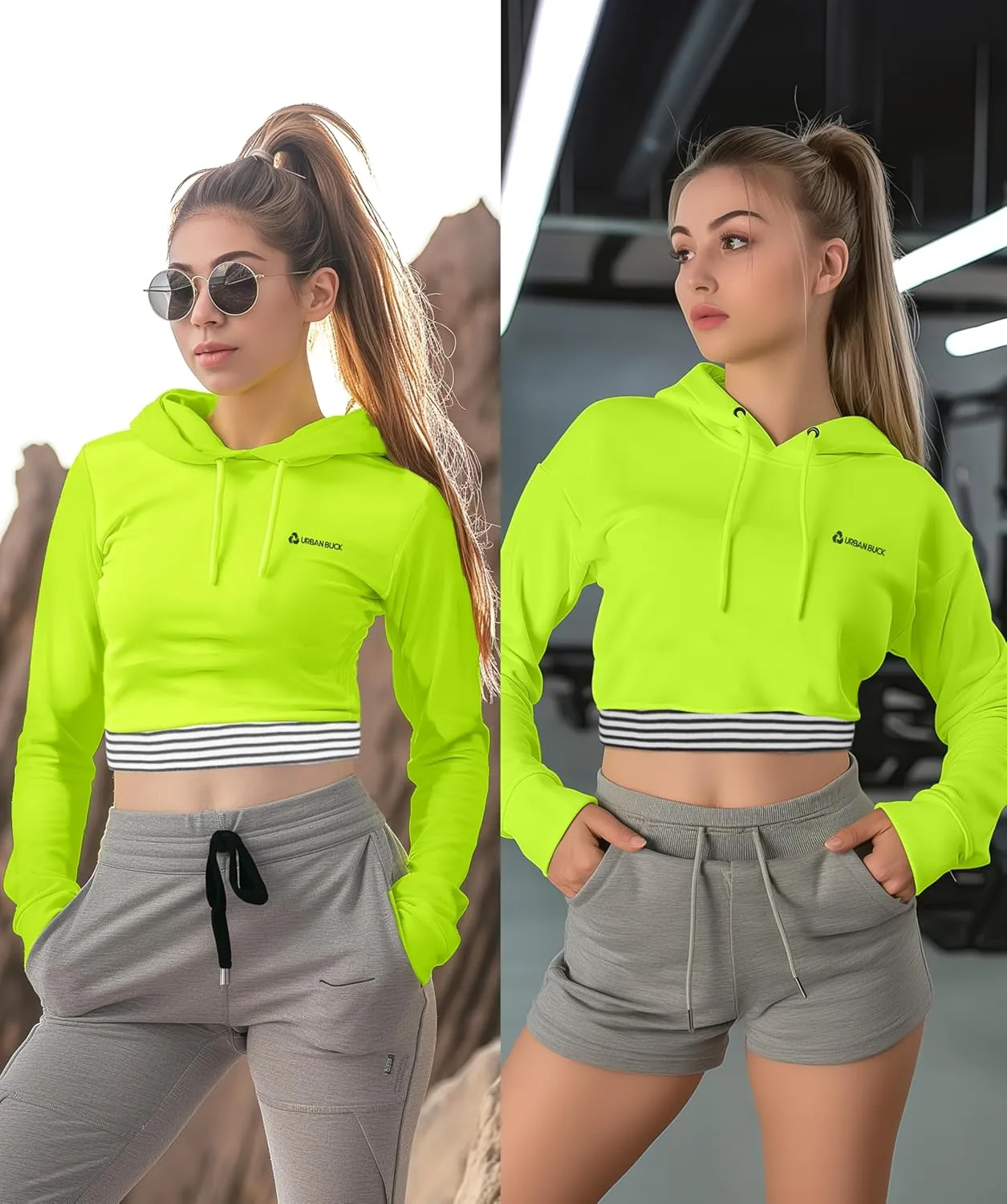 URBAN BUCK Neon Crop Top Hoodie For Women - Lightweight Long Sleeve Cropped Pullover Sweatshirt For Workout & Running
