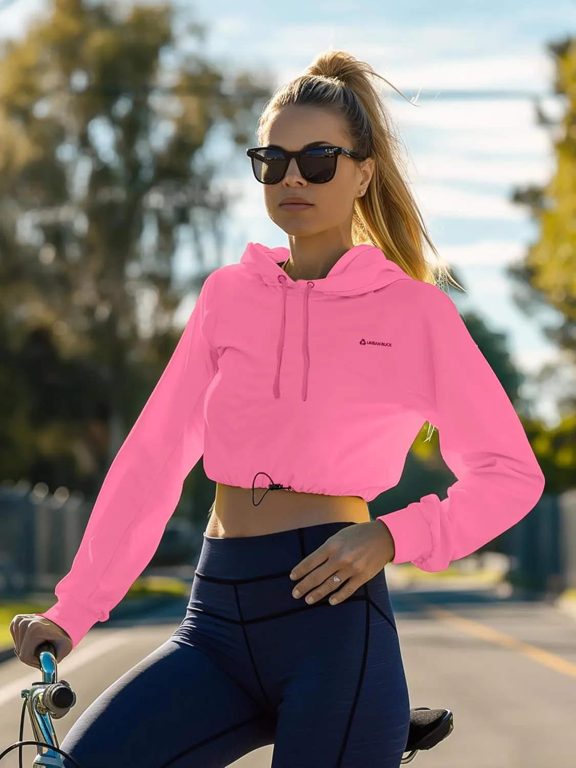 URBAN BUCK Neon Crop Top Hoodie For Women - Lightweight Long Sleeve Cropped Pullover Sweatshirt For Workout & Running