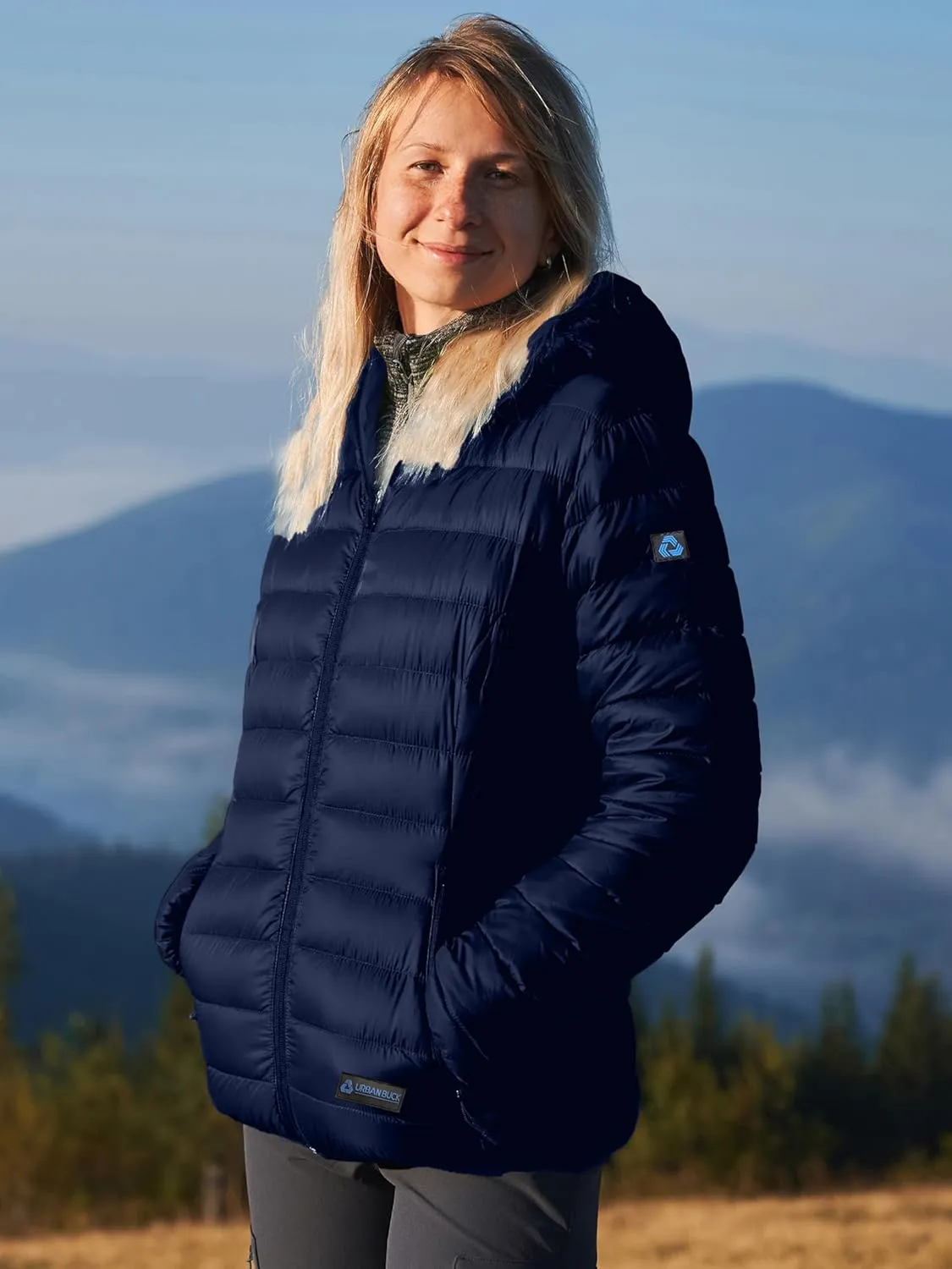 URBAN BUCK Packable Puffer Jacket Women with Hood – 32 Degree Lightweight Quilted Winter Puff Foldable Jacket for Women