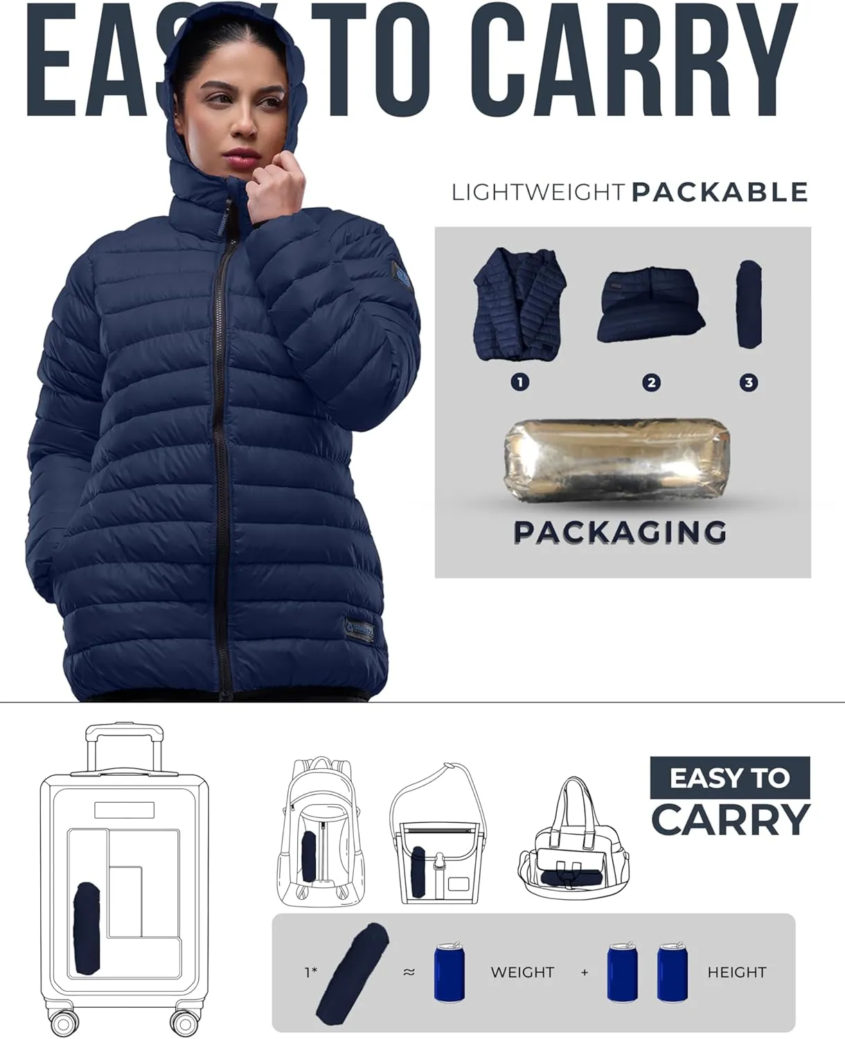 URBAN BUCK Packable Puffer Jacket Women with Hood – 32 Degree Lightweight Quilted Winter Puff Foldable Jacket for Women