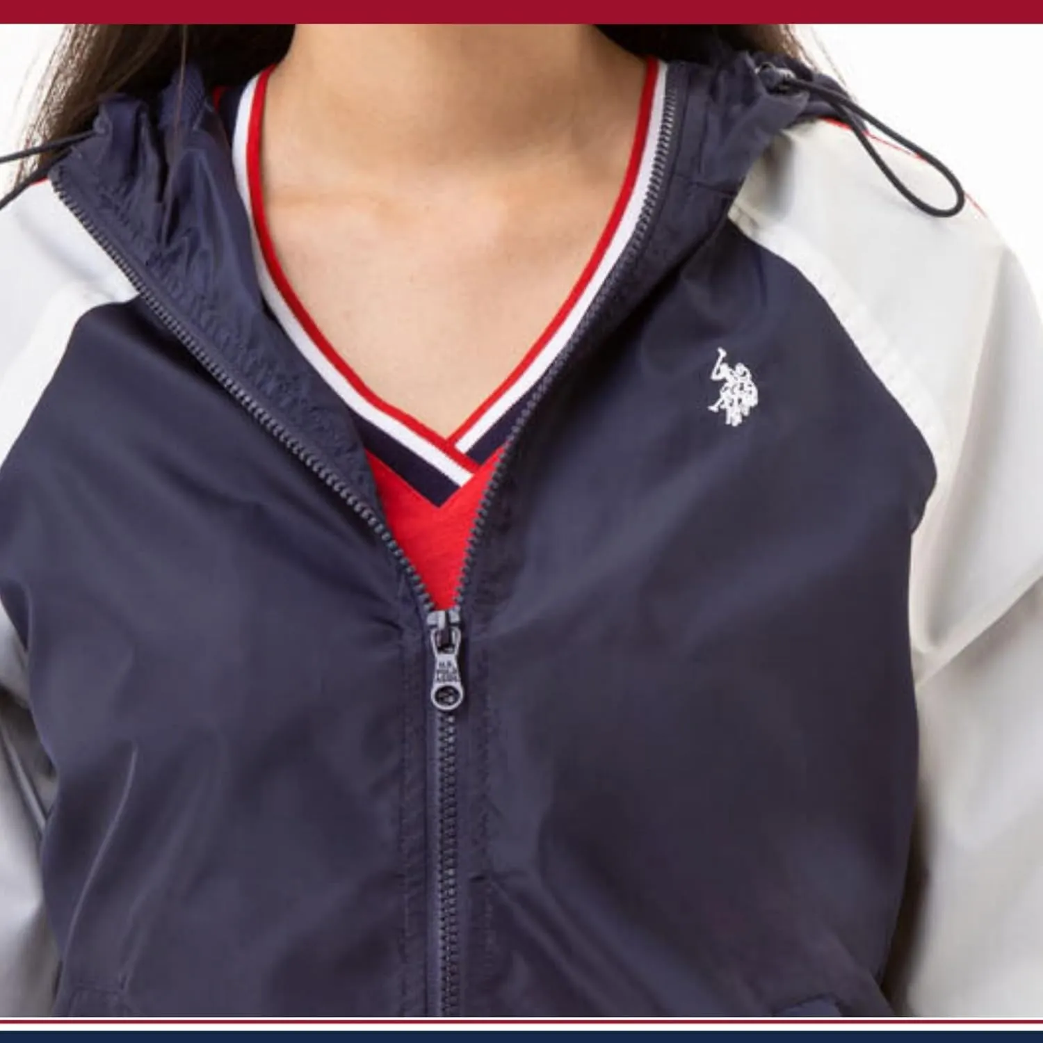 U.S. Polo Assn. Women's Hooded Raglan Sleeve Varsity Windbreaker W/Piping Poly Mesh Lining