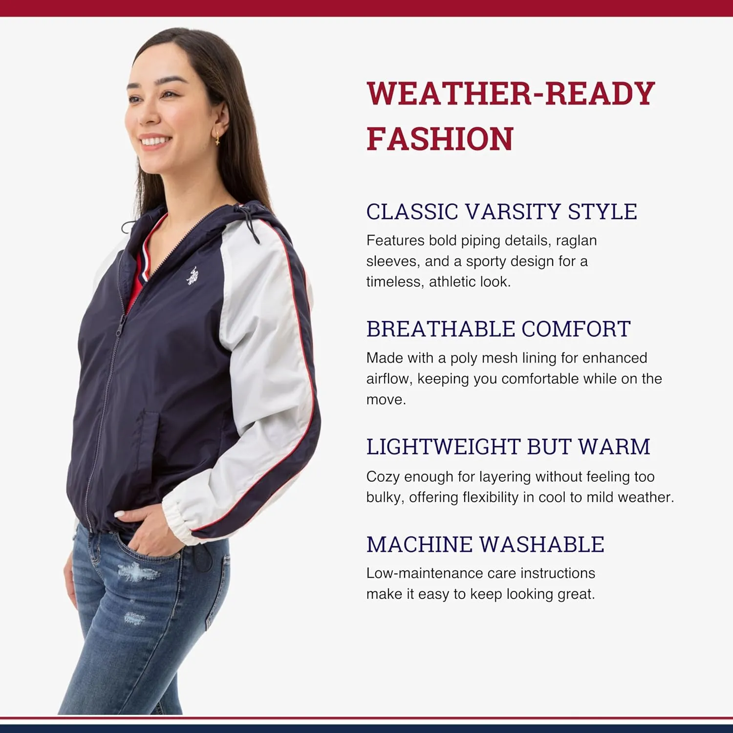U.S. Polo Assn. Women's Hooded Raglan Sleeve Varsity Windbreaker W/Piping Poly Mesh Lining