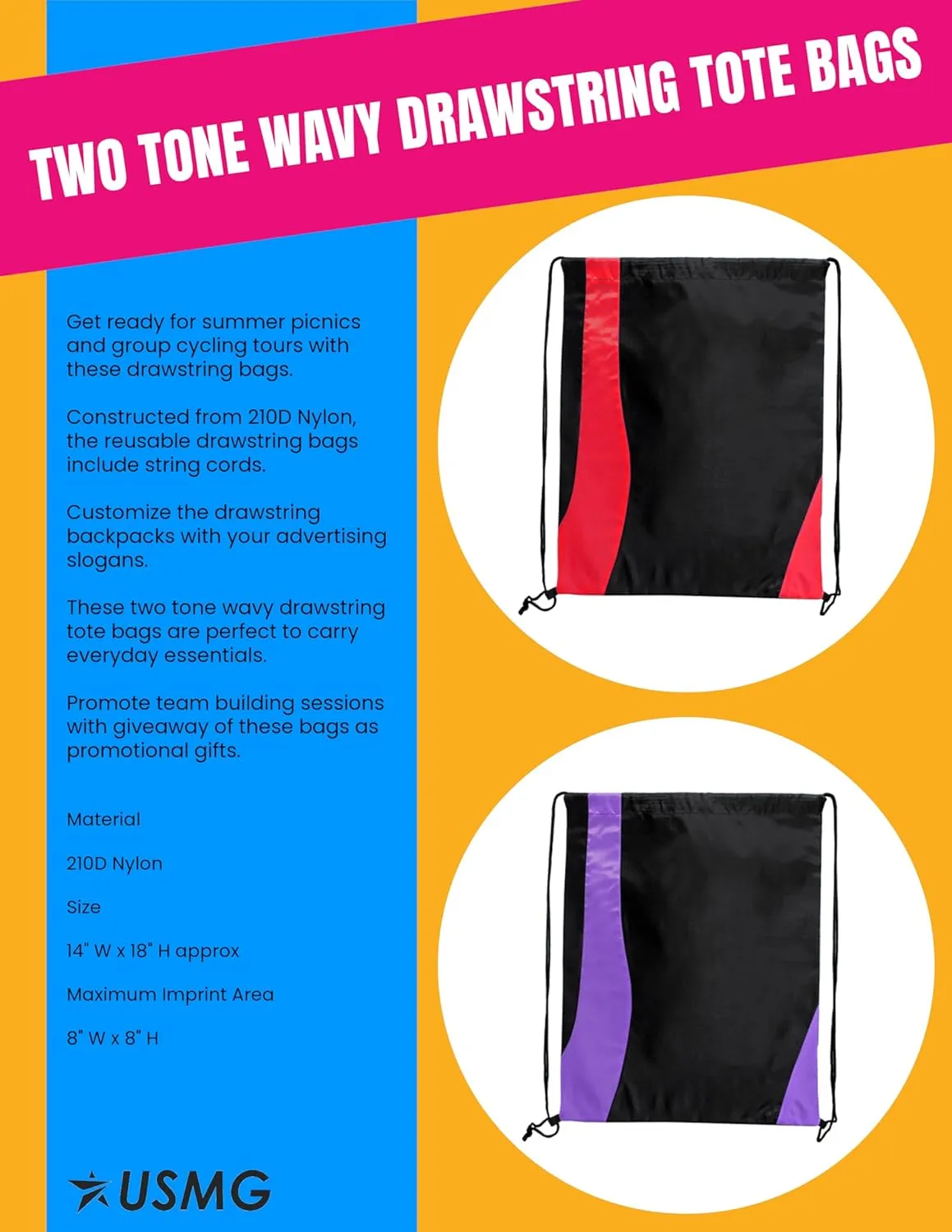 USMG Custom Two-Tone Wavy Drawstring Tote Bags - Multi-Color Imprint for Promotions, Gifts, and Events