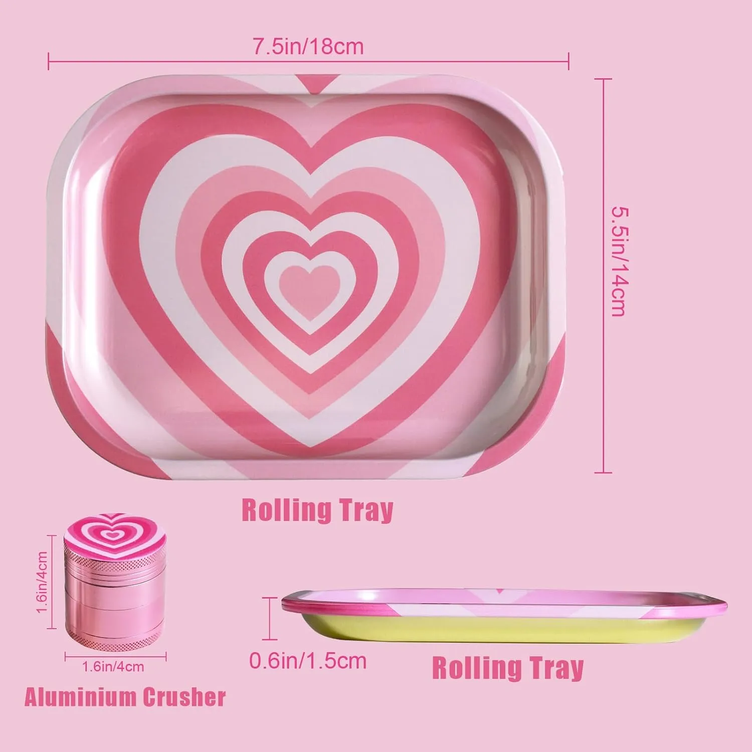 Valentine's Day Rolling Tray Set with One Accessories, Love Heart Metal Rolling Tray Combo Kit Ideal for Gifts, Easy to Carry