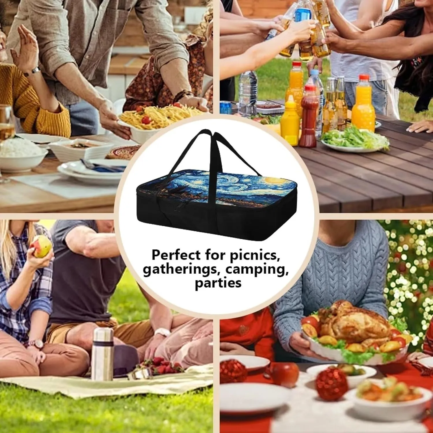 Van Gogh Starry Night Insulated Casserole Carrier Travel Bag - Portable Food Warmer for Hot or Cold Food - Beach Parties, Picnic