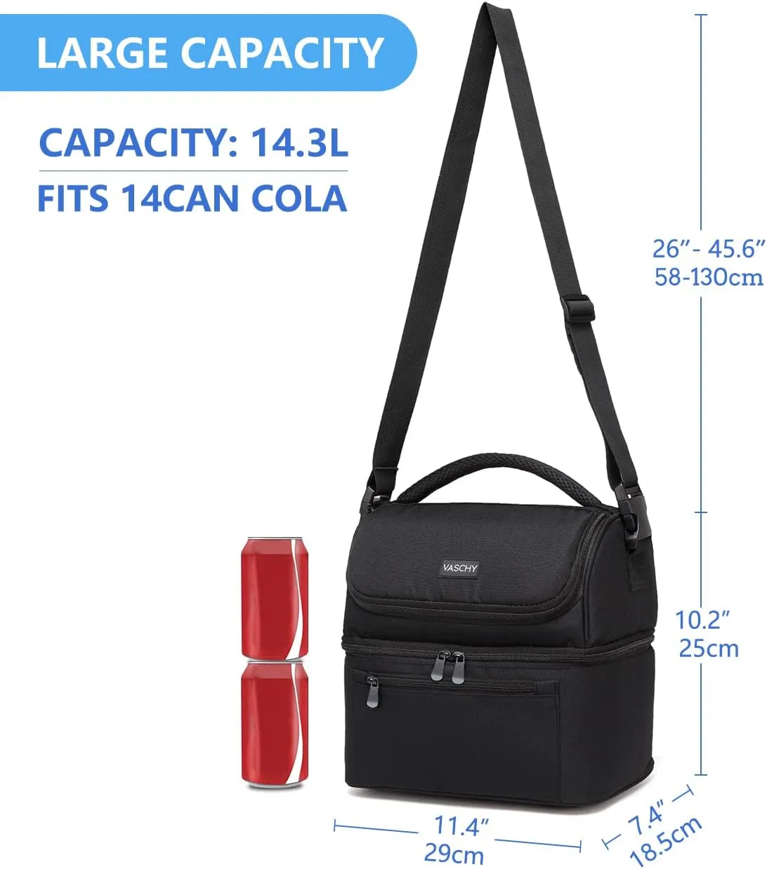 Vaschy Lunch Bag for Men and Women - 8L Capacity, Water Resistant, with Shoulder Strap and Carry Handle, Black