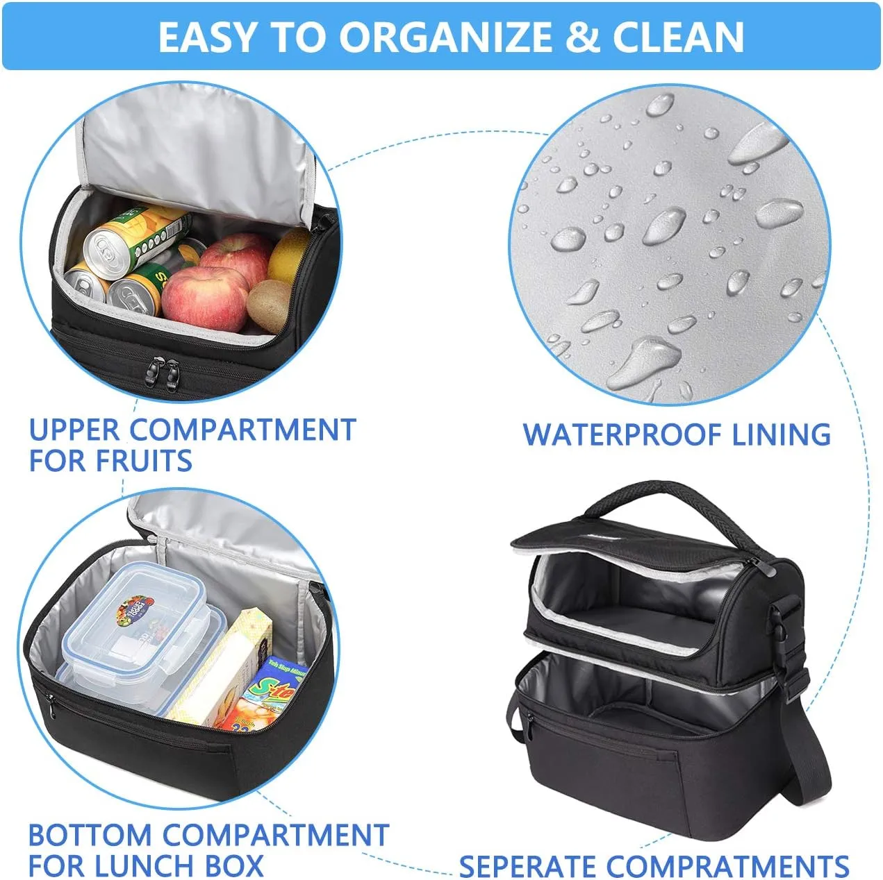 Vaschy Lunch Bag for Men and Women - 8L Capacity, Water Resistant, with Shoulder Strap and Carry Handle, Black