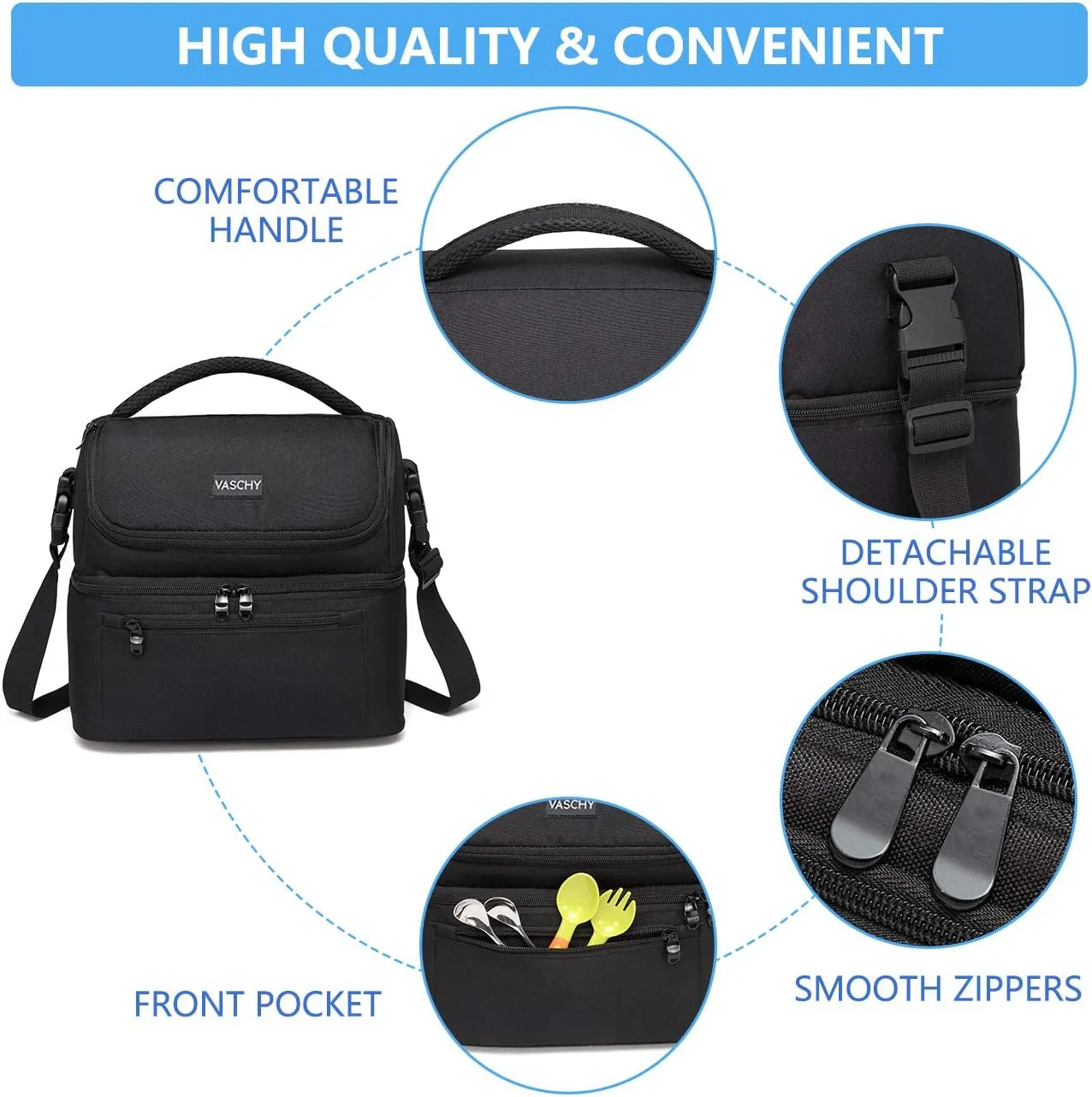 Vaschy Lunch Bag for Men and Women - 8L Capacity, Water Resistant, with Shoulder Strap and Carry Handle, Black
