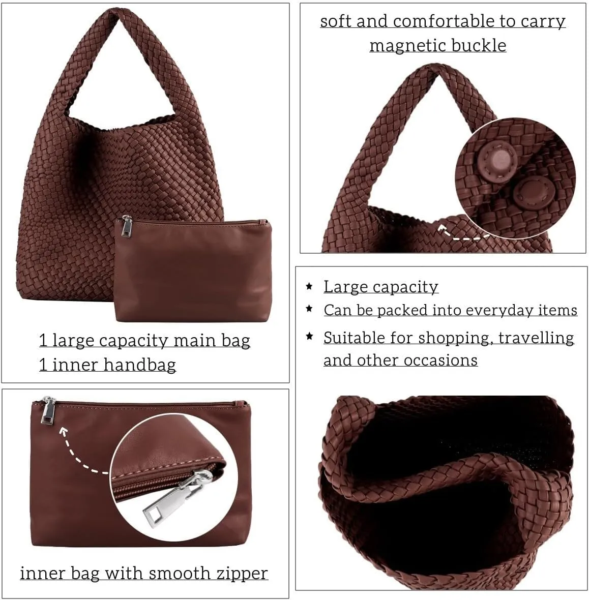 Vegan Leather Hand Woven Tote Handbag Shoulder Bag and Woven Purses Large Shopper Bag for Women