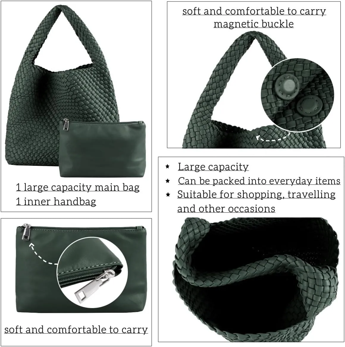 Vegan Leather Hand Woven Tote Handbag Shoulder Bag and Woven Purses Large Shopper Bag for Women