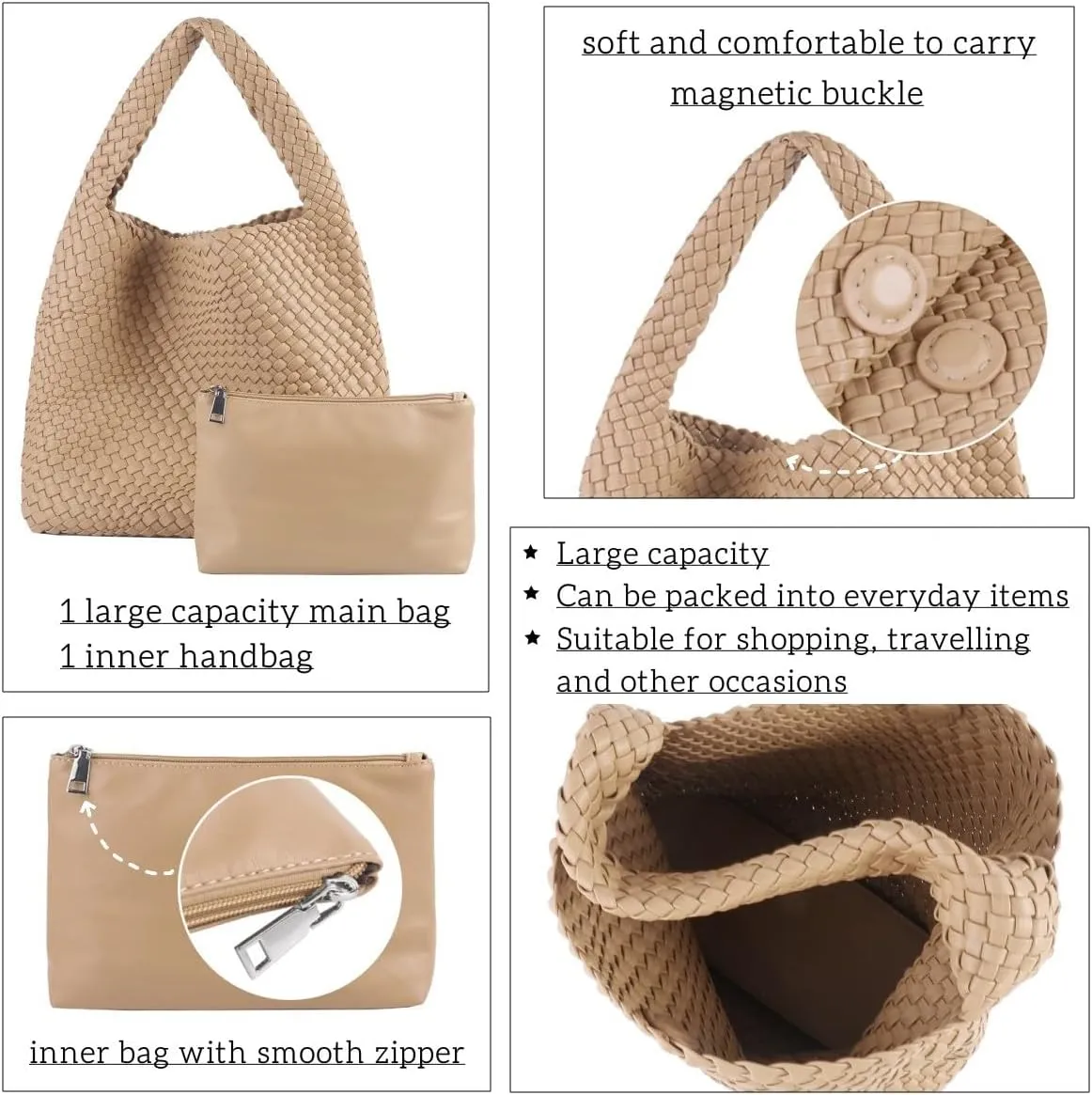 Vegan Leather Hand Woven Tote Handbag Shoulder Bag and Woven Purses Large Shopper Bag for Women