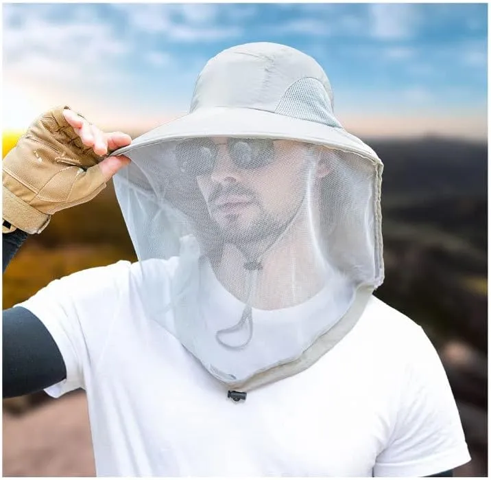 Vendioer Mosquito Safari Mesh Net Hat with Neck Flap, Sun Protection Women Men Bug Cap, Hidden Netting Boonie for Fishing